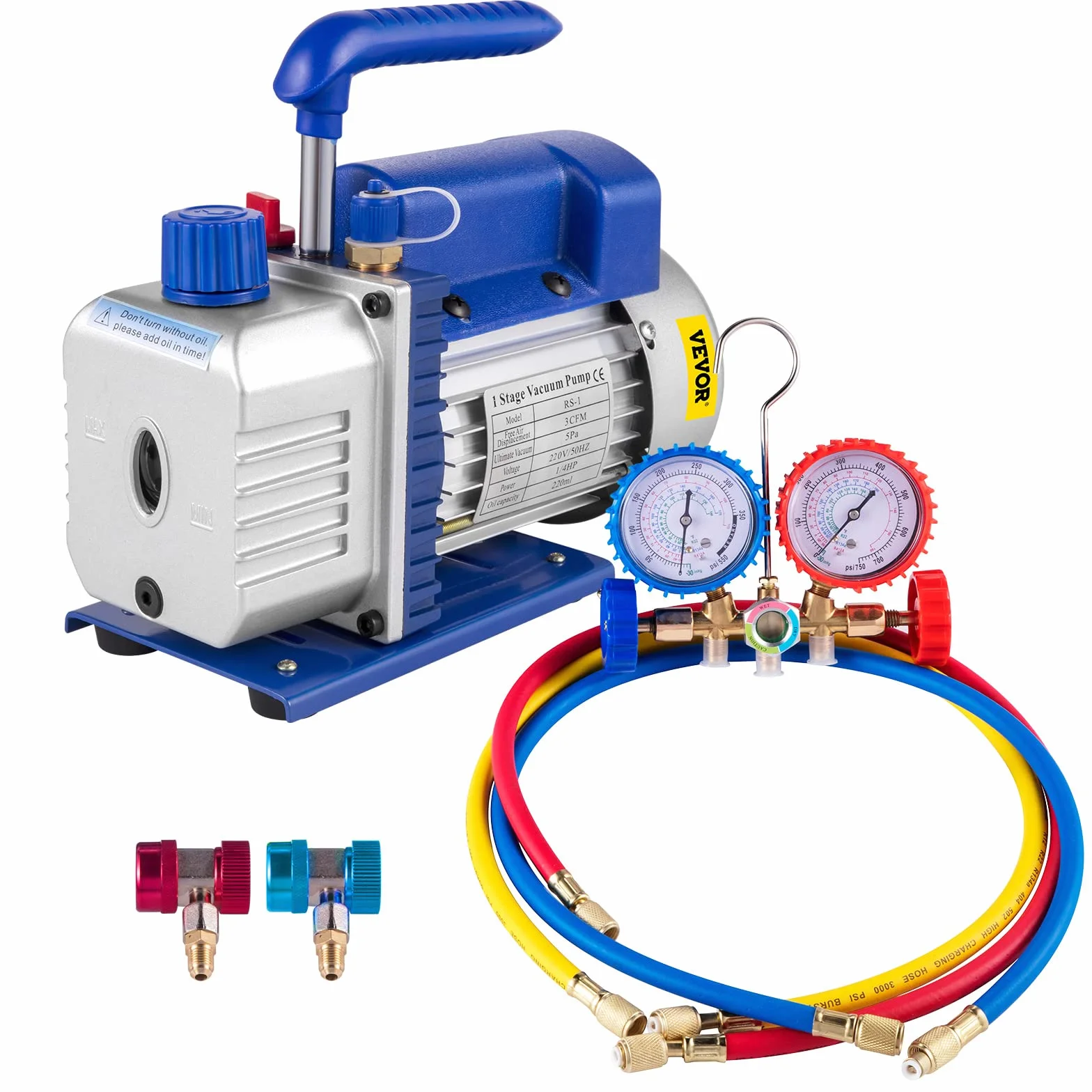 VEVOR Pompa Vuoto per Condizionatori 3CFM 1/4HP, Pompa a Vuoto per Refrigerazione da 85 Lt/min con Manometro AC/DC, Pompa a Vuoto per Condizionatori R22, R134A, R410A