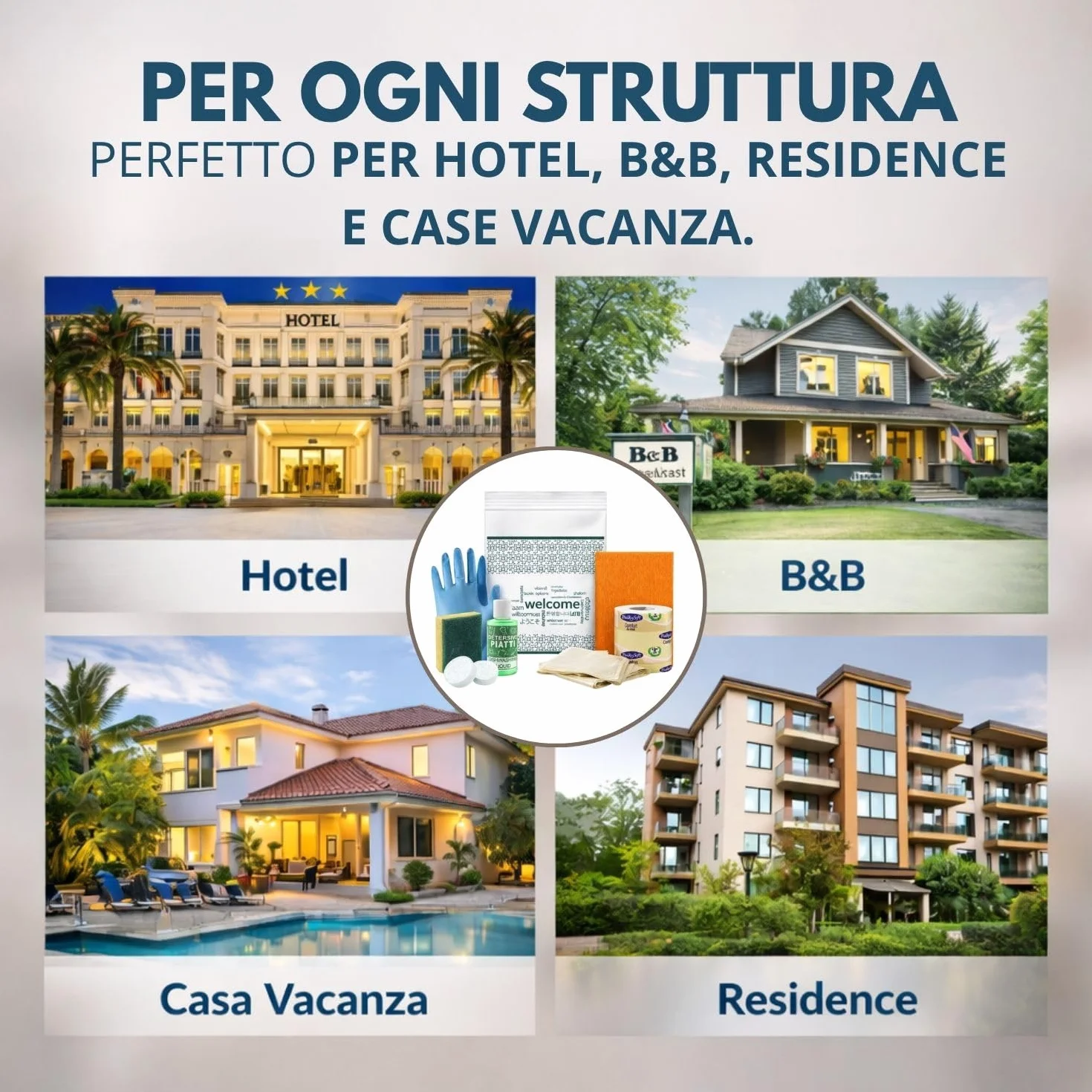 Kit cortesia Residence 015B, set pulizia cucina 4 pezzi per appartamenti, campeggi e B&B - (Cartone da 20 kit)