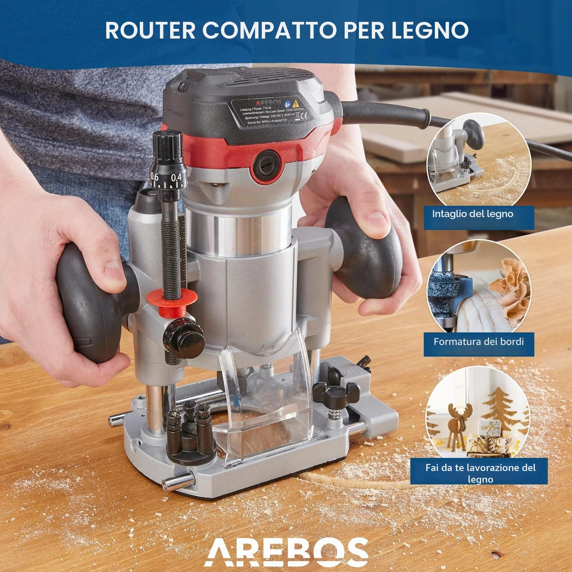 Arebos Fresatrice verticale | Fresatrice per legno con 6 livelli di velocità | Bloccaggio mandrino 710 W | Base a immersione e trimmer | Pinza di serraggio Ø 6 e 8 mm | Con borsa porta utensili