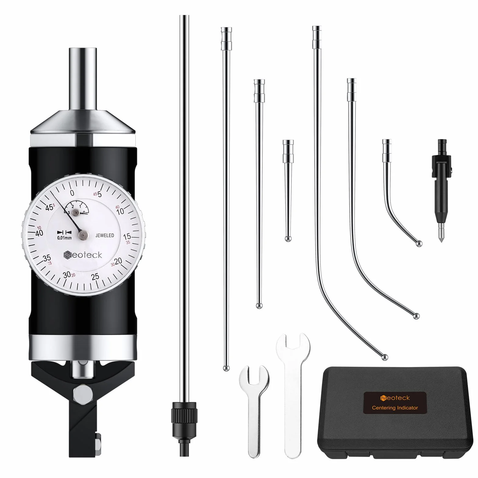 Neoteck Indicatore Coassiale di Centraggio 0-3mm, Precisione 0.01mm Prova del Quadrante di Centraggio Battitore di Centro per Fresatrice e Tornio - Set Completo con Aste, Puntali e Custodia Rigida