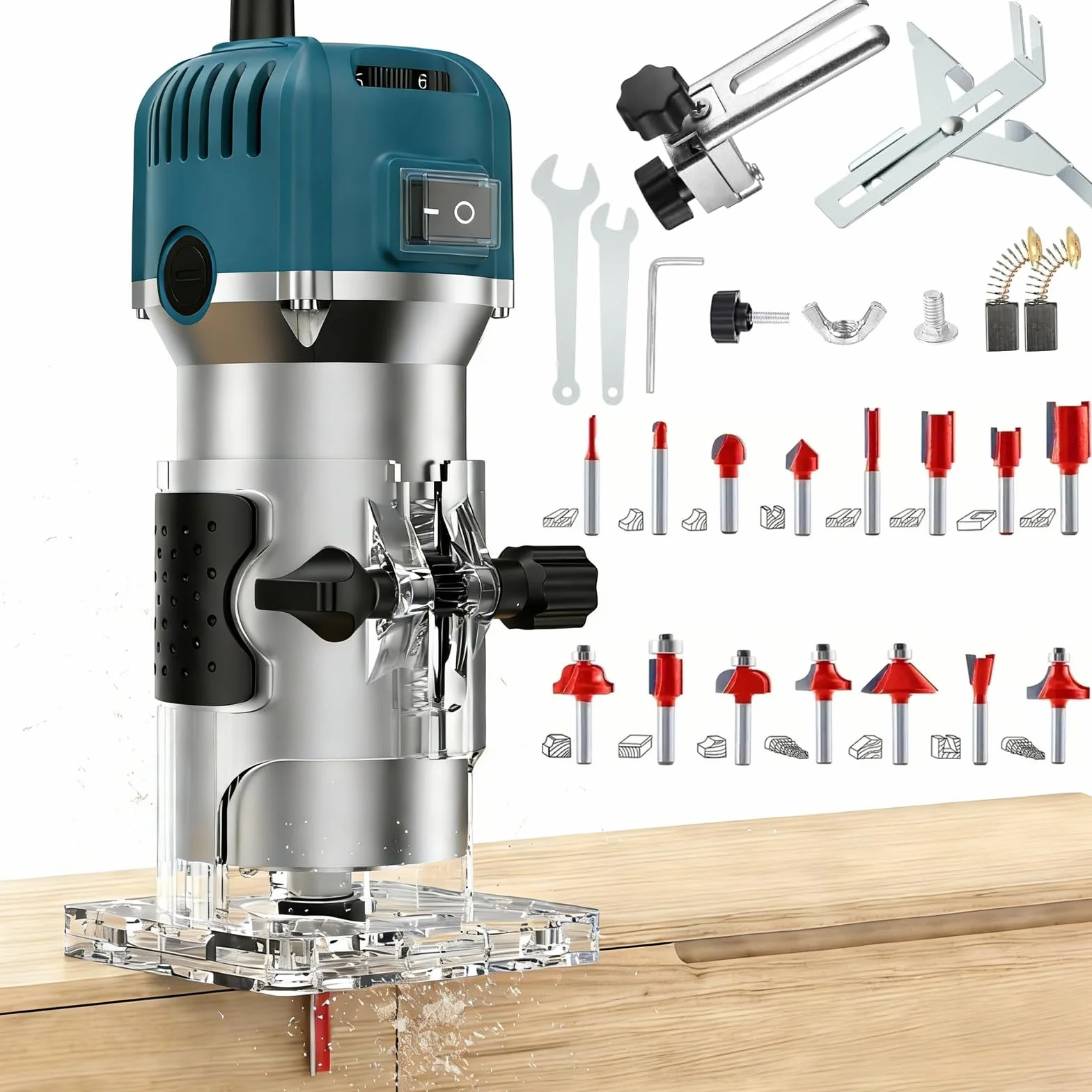Pantografo per Legno, Fresatrice Verticale con 6 Velocità Regolabili, 800W 30000 Giri/Min Rifilatore Legno con 15 Frese, per Smussare, Scanalare, Rifilare, Punzonare, Tagliare e Intagliare