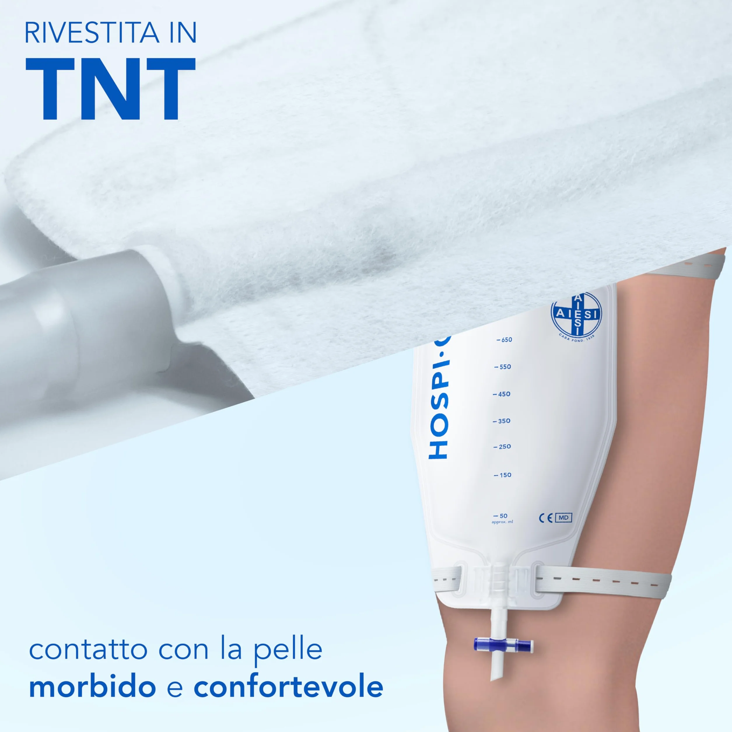 AIESI® Sacche per urina da gamba 750 ml tubo 10 cm 50 pezzi con rubinetto di scarico a croce T e valvola anti-reflusso HOSPI-GO