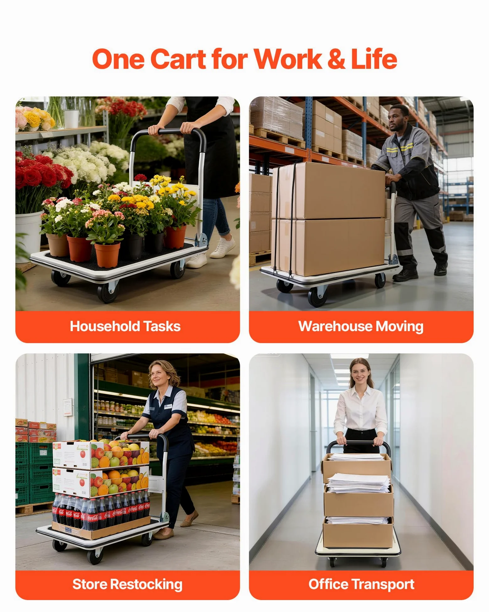 VEVOR Carrello Pieghevole per Trasporto Capacità max. 299,37 kg, Carrello con Piattaforma Pieghevole per Pacchi Merci Traslochi, Maniglia di Spinta, Dimensioni Aperte 900 x 870 x 610 mm