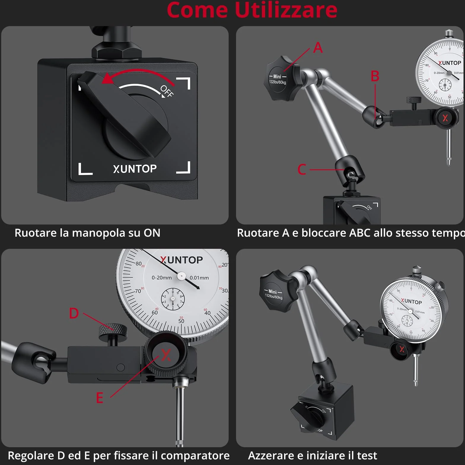 XUNTOP Comparatore Centesimale Meccanico 0-20mm + Base Magnetica Multidirezionale 60KG Misurazione Precisione 0.01mm Set Professionale con Comparatore Test DTI per Tornio, Stampante 3D, CNC, Auto