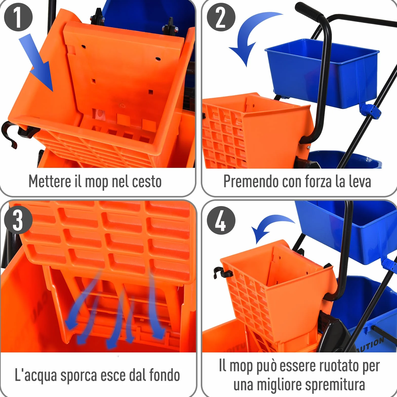 HOMCOM Carrello Pulizie Professionali 2 Secchi Lavapavimenti 26L Strizzatore 4 Ruote 78x45x95 cm Arancione Blu