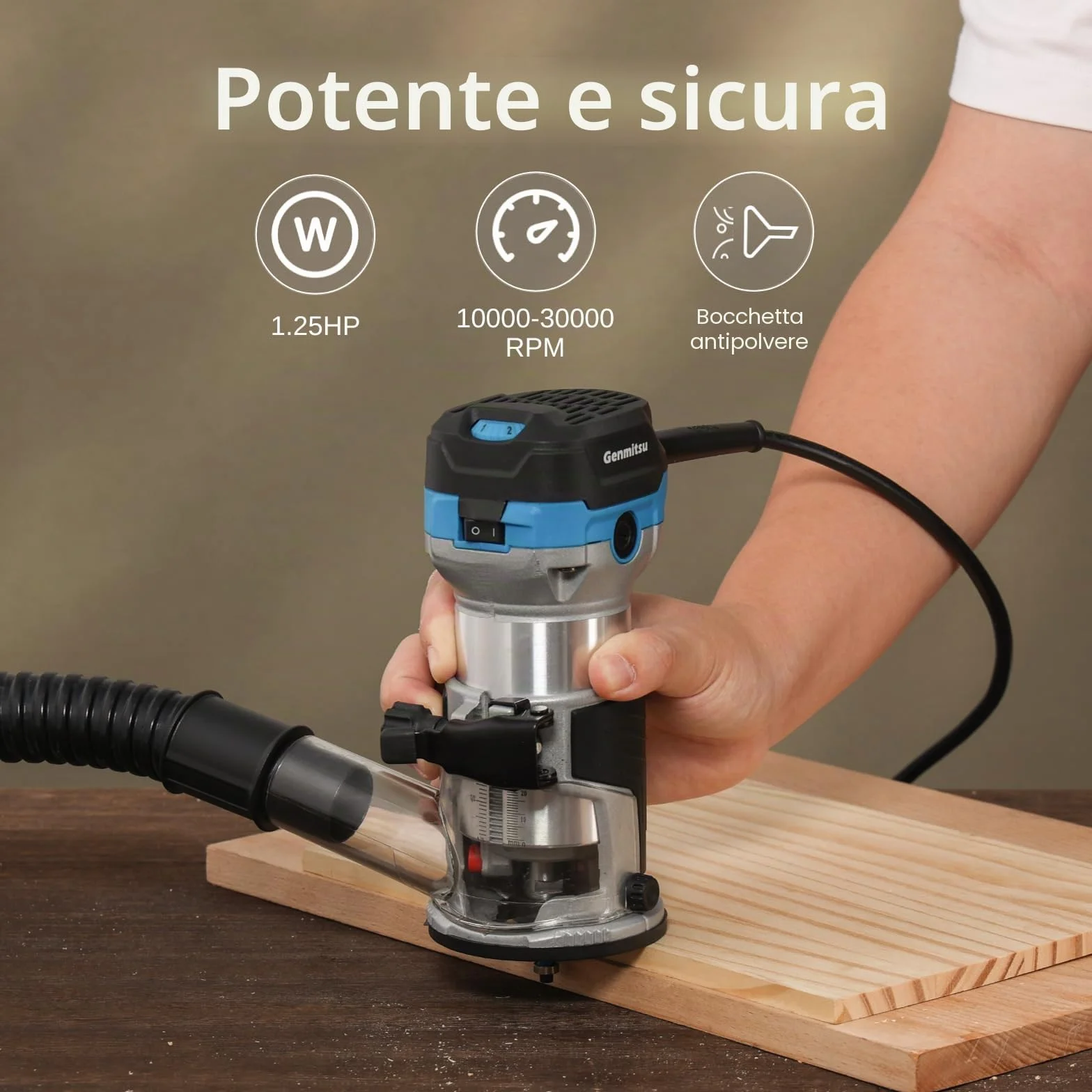 Genmitsu 1,25 HP Palm Trimmer Router, Router compatto per legno con base fissa, 6 velocità variabili 10000-30000 R/MIN, con pinza da 1/4", perfetto per la lavorazione del legno CNC e il fai da te
