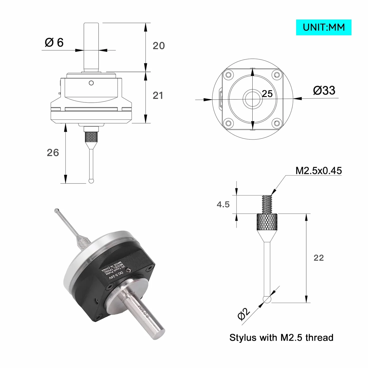 RATTMMOTOR Rilevatore di Bordi 3D CNC, Edge Finder 3D, DC 5-24V, Cavo 2M, Compatibile Mach3 Grbl (V5)
