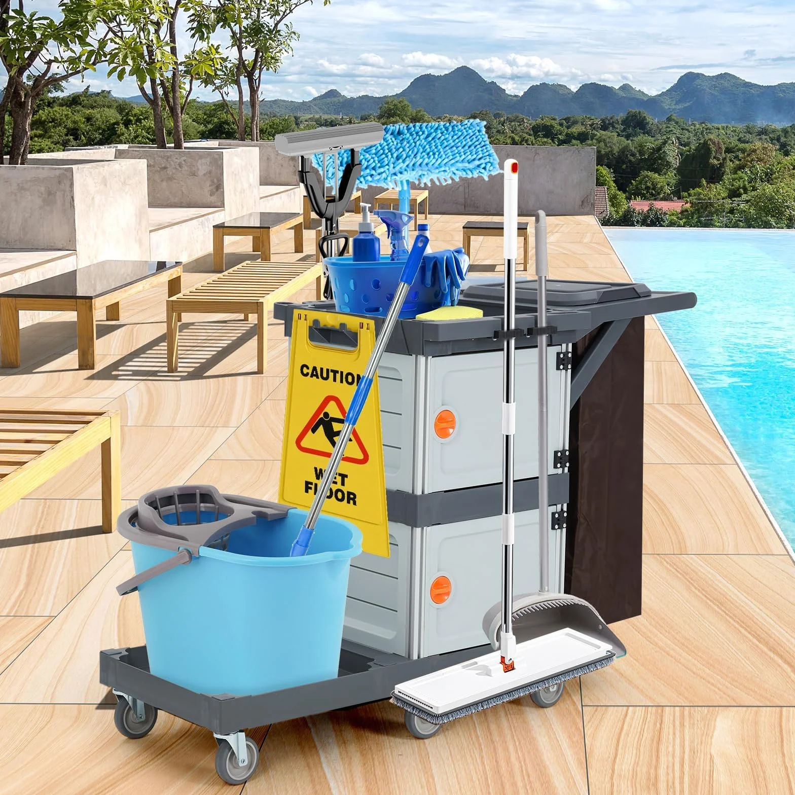 Carrello Pulizie Professionale 6 Ruote 300 Capacità con Sacco Vinile per Hotel Ospedali