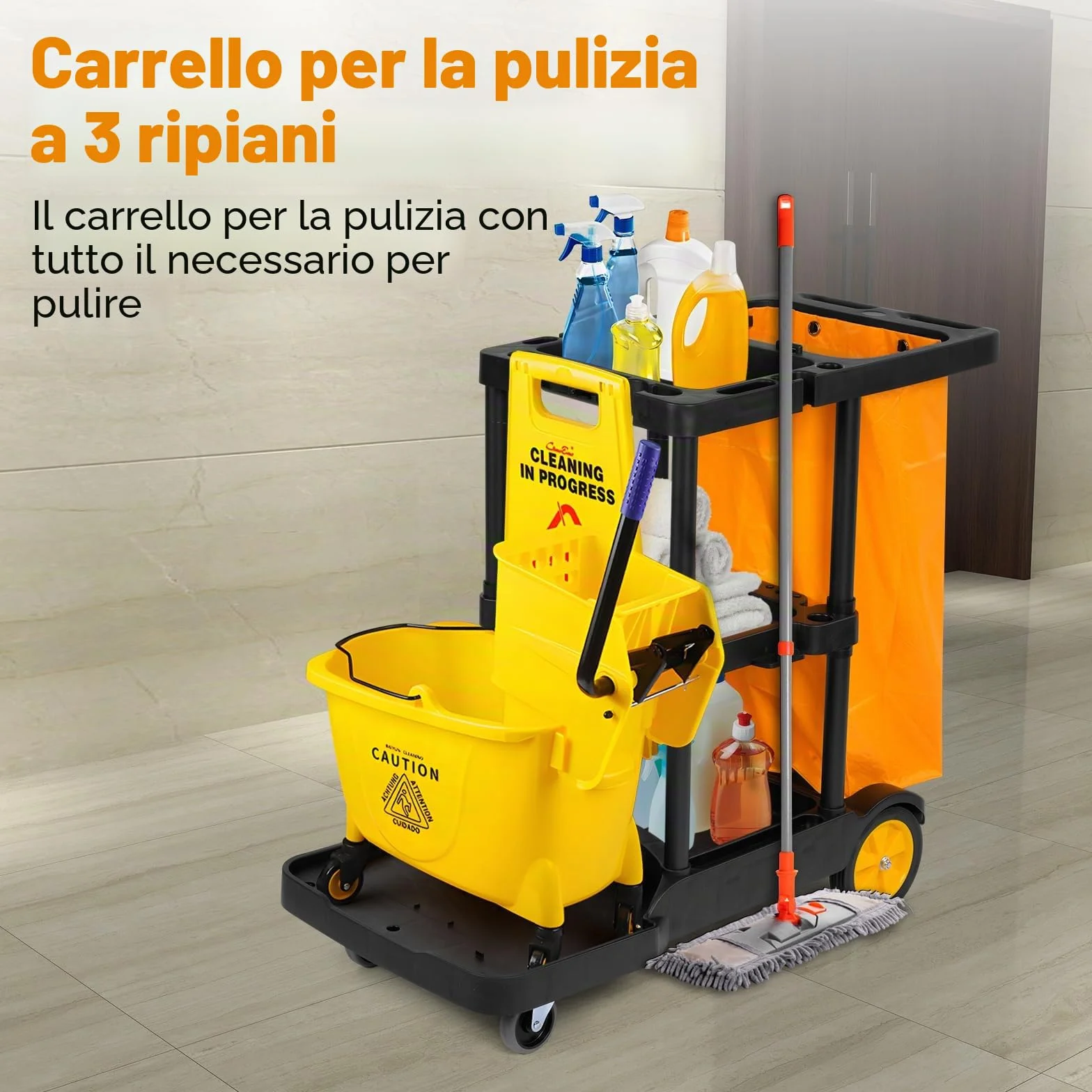 Bimiti Carrello per la pulizia professionale 113x56x93 cm 3 ripiani sacco da 65 L giallo nero