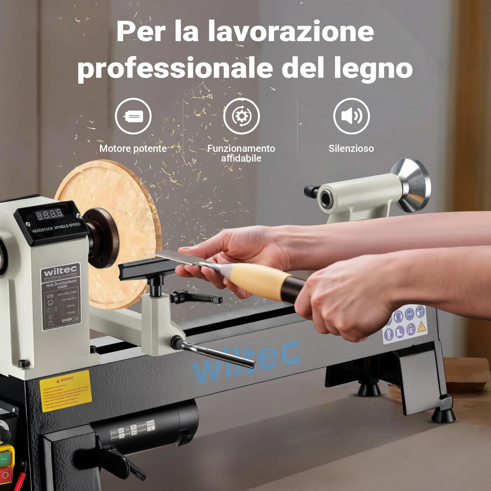 Wiltec Tornio per legno, 3 variazioni di velocità 50-1450, 1250-2800 e 2800–3800 rpm, Macchina da banco per tornitura