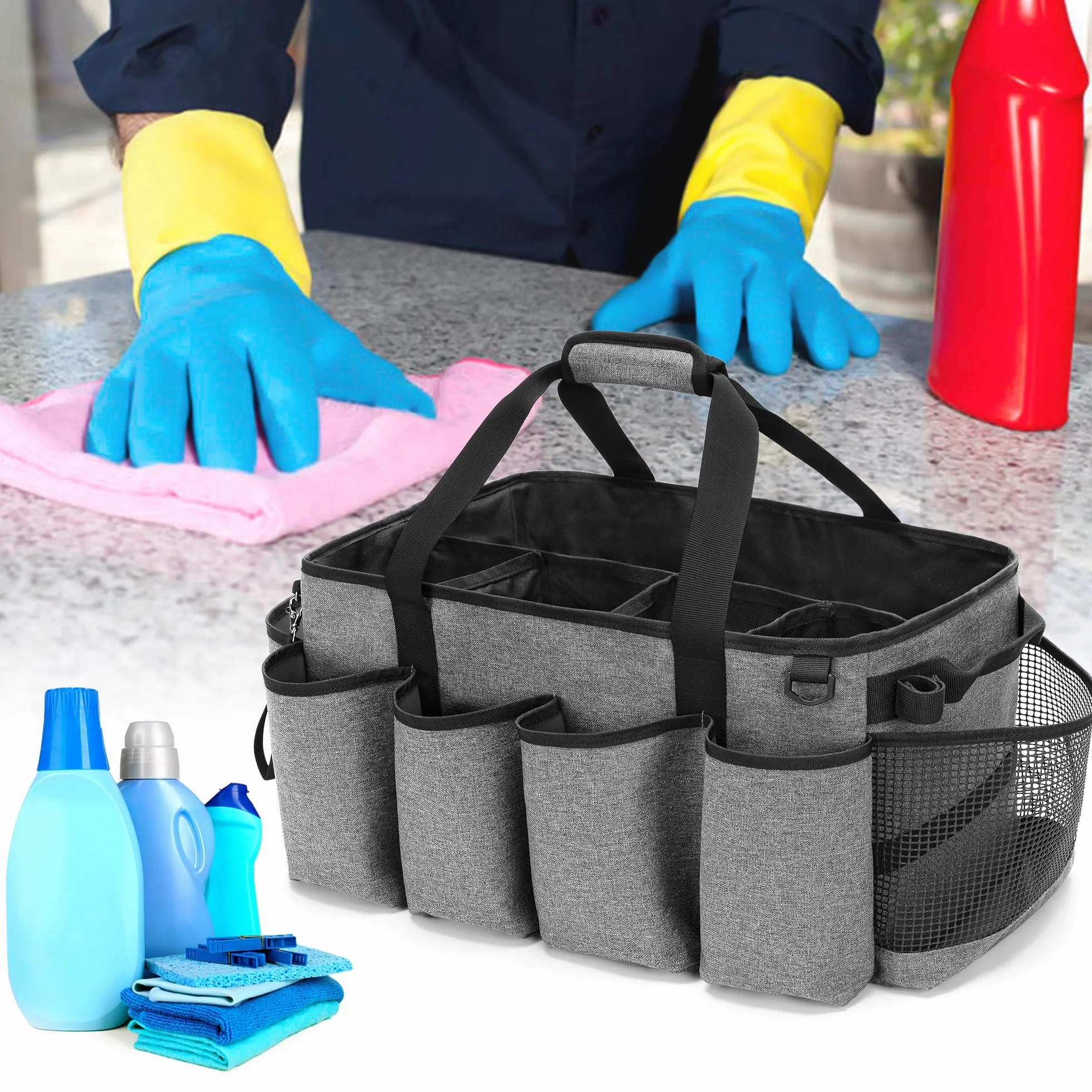 HODRANT Organizer per Caddy per La Pulizia Extra-large con Pad Robusto e Maniglie, Borsa Grigia