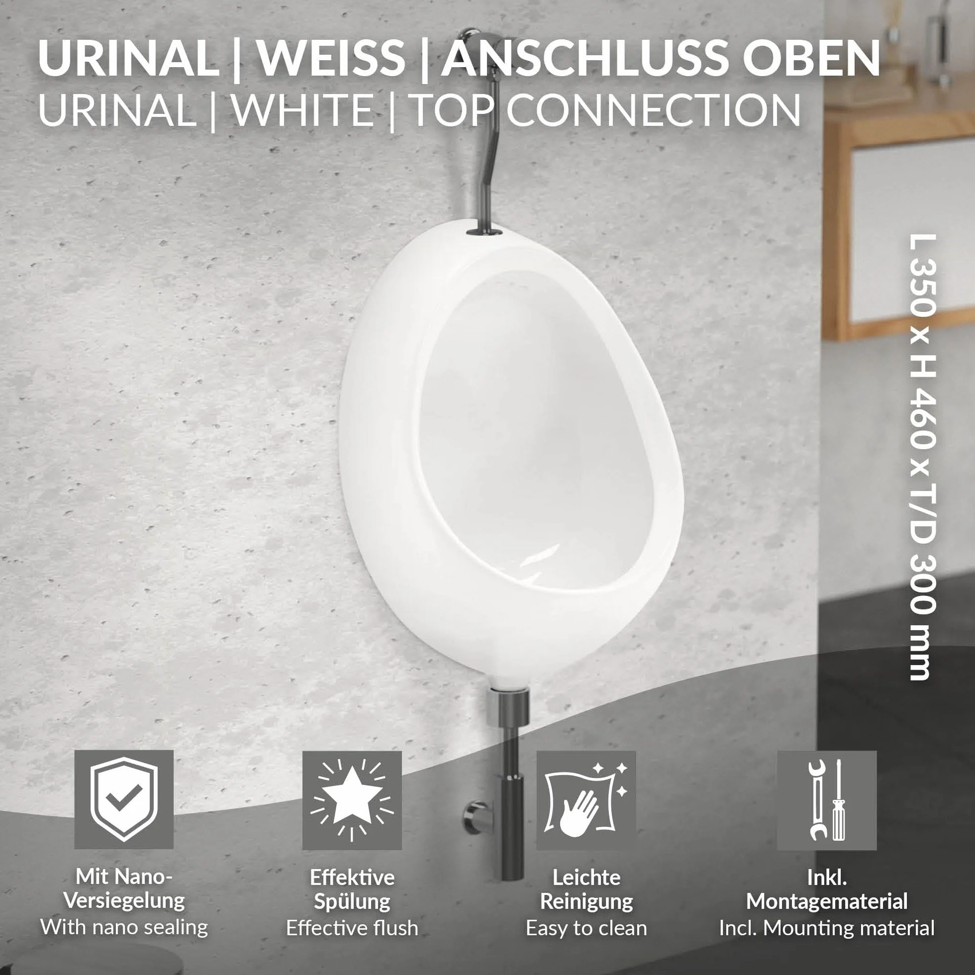 ECD Germany Orinatoio da Parete Sospeso Bianco Ceramica 35x46x30 cm Rotondo Ingresso Acqua dall'Alto Scarico Retro WC Maschile