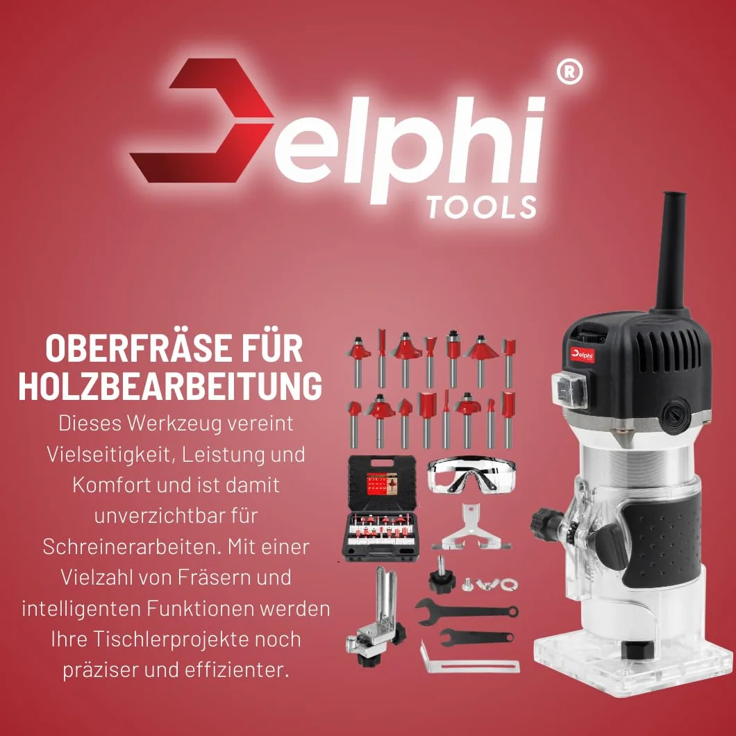 DELPHI Fresatrice Verticale Per Legno 800W 330000 R/MIN Con 15 pezzi Mandrino 6.35mm - Legno Rifilatrice Elettrica Router Legno Elettrica Rifilatrice Per Legno Con Custodia 25 Accessori SET