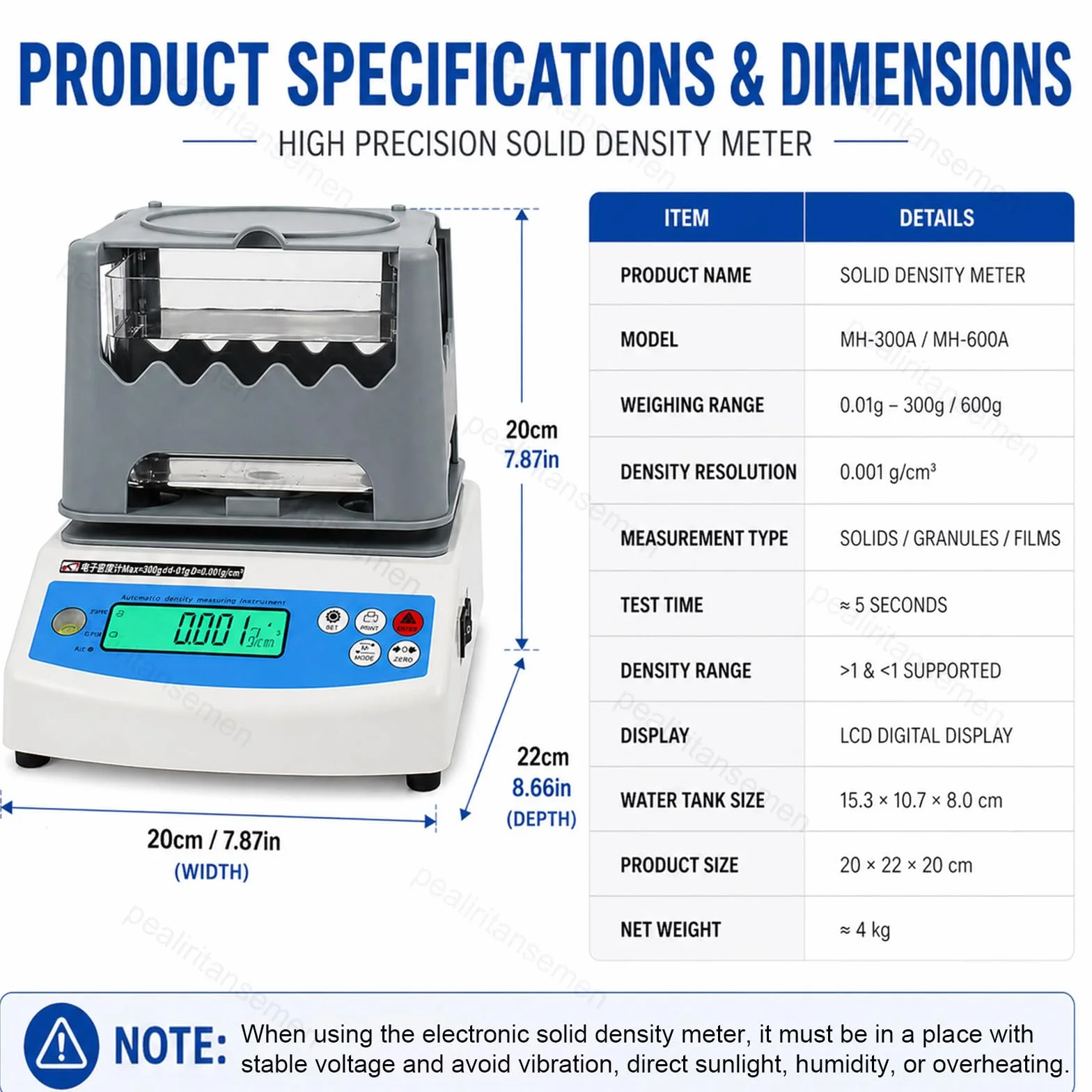 Densimetro solido digitale 0,001 G/cm³ per gomma plastica PVC metallo metalli preziosi, tester volume densità spostamento acqua