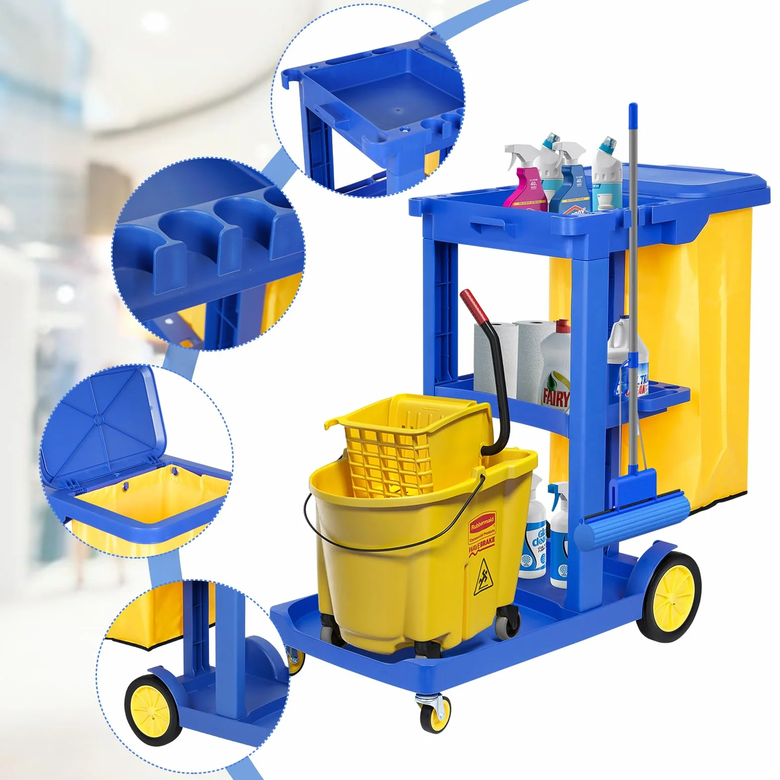 bimiti Carrello per la pulizia 65 l 83 x 46 x 90 cm 3 livelli 4 ruote