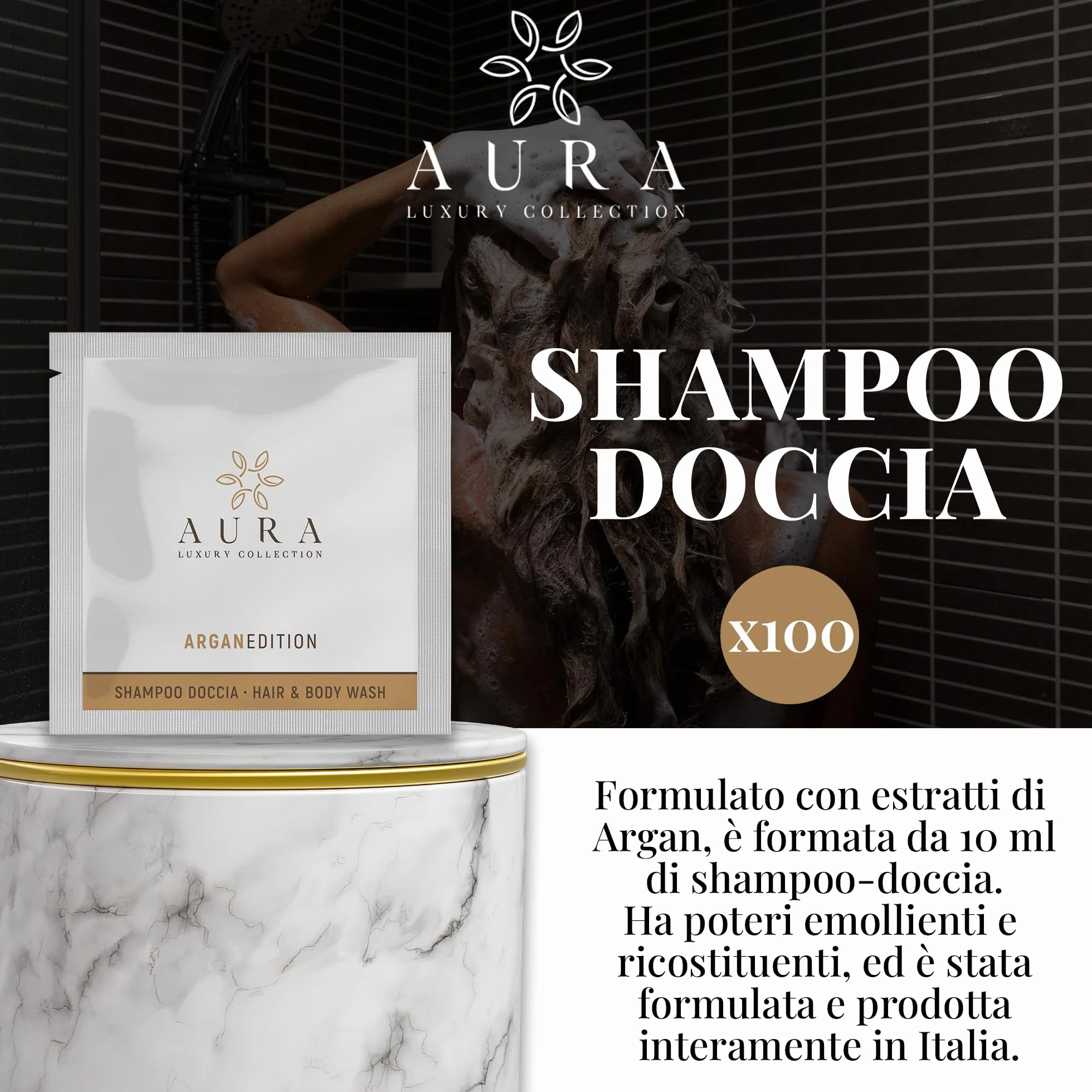 Aura Luxury Collection Kit cortesia bagno 295 pezzi: bustine doccia shampoo 10 ml, flaconi igiene intima 20 ml, cuffie monouso, saponette 9 gr