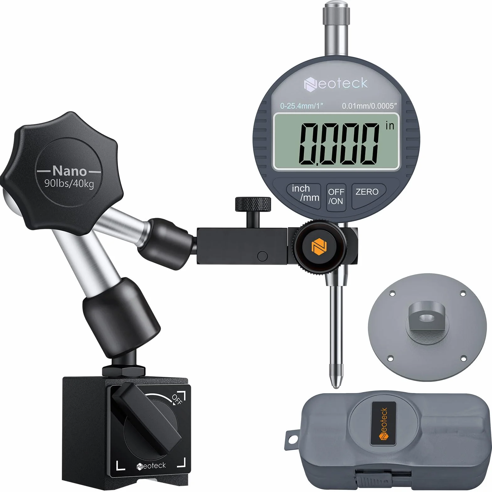 Neoteck 0-25.4mm Comparatore Centesimale con Base Magnetica 90lbs(40kg) Indidatore Elettronico dell'indicatore Digitale a Quadrante 0.01 mm (0.0005") con Braccio Flessibile Conversione mm/pollici