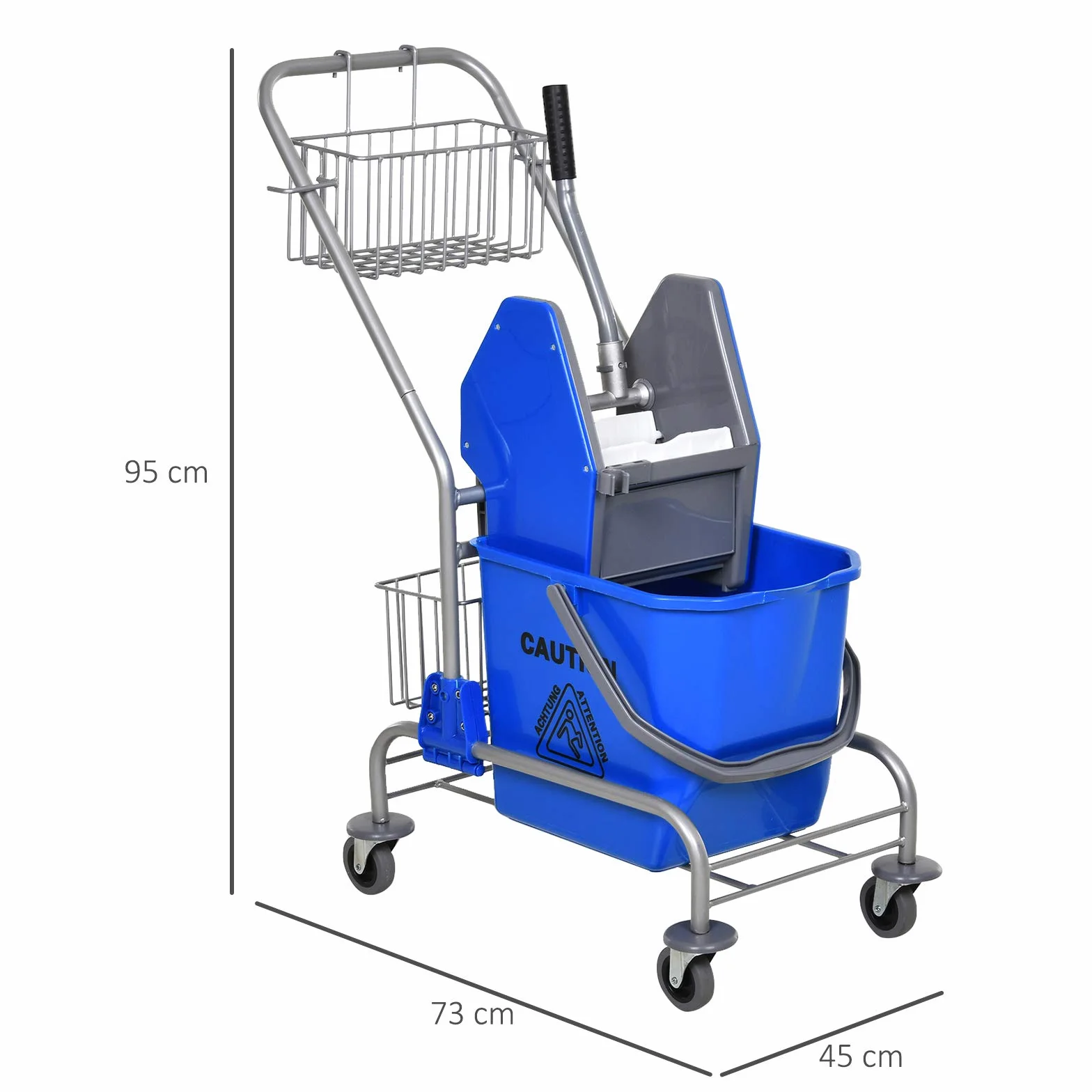 HOMCOM Carrello Pulizie 26L con Secchio Mocio e Strizzatore, 2 Cestini Rete Metallo, Maniglia 4 Ruote, Blu