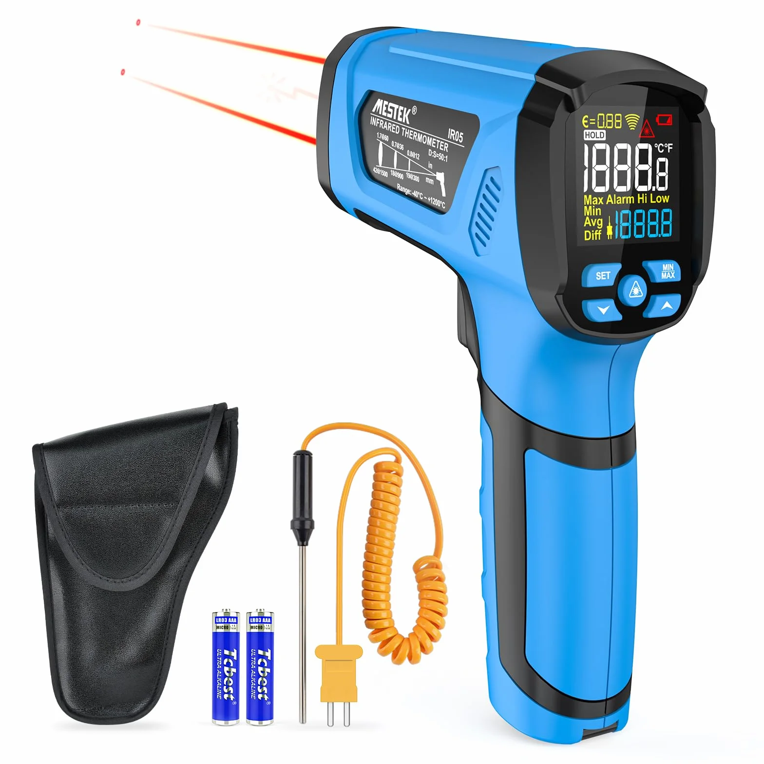 MESTEK Termometro a Infrarossi -40°C~1600°C Digitale Laser Pirometro con K-Probe D:S-50:1