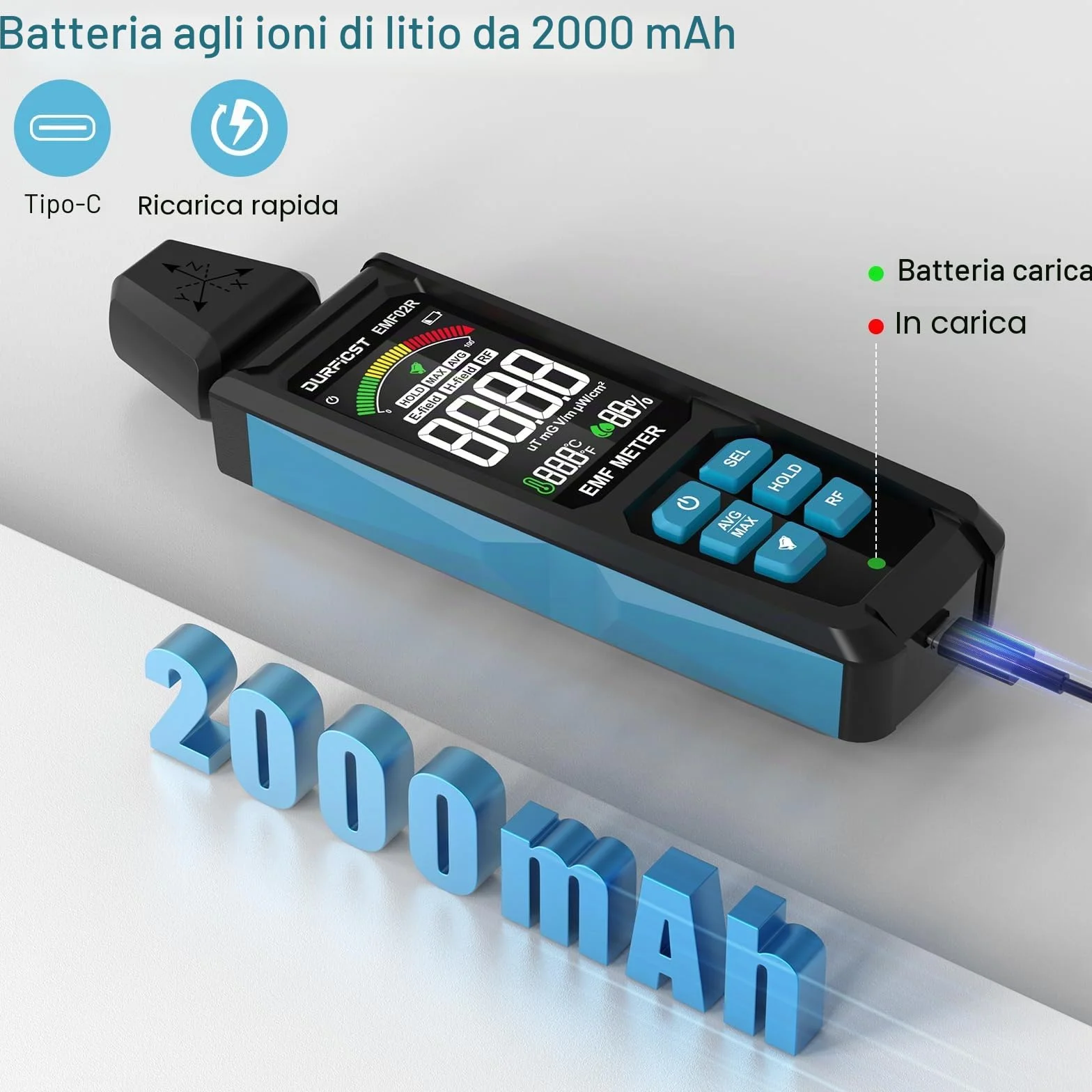 Misuratore EMF, DURFICST 5 in 1 Rilevatore di radiazioni elettromagnetiche digitali ricaricabili per segnali EF, RF, MF e WiFi, adatto per 5G, torri cellulari, contatori intelligenti, WiFi, Bluetooth