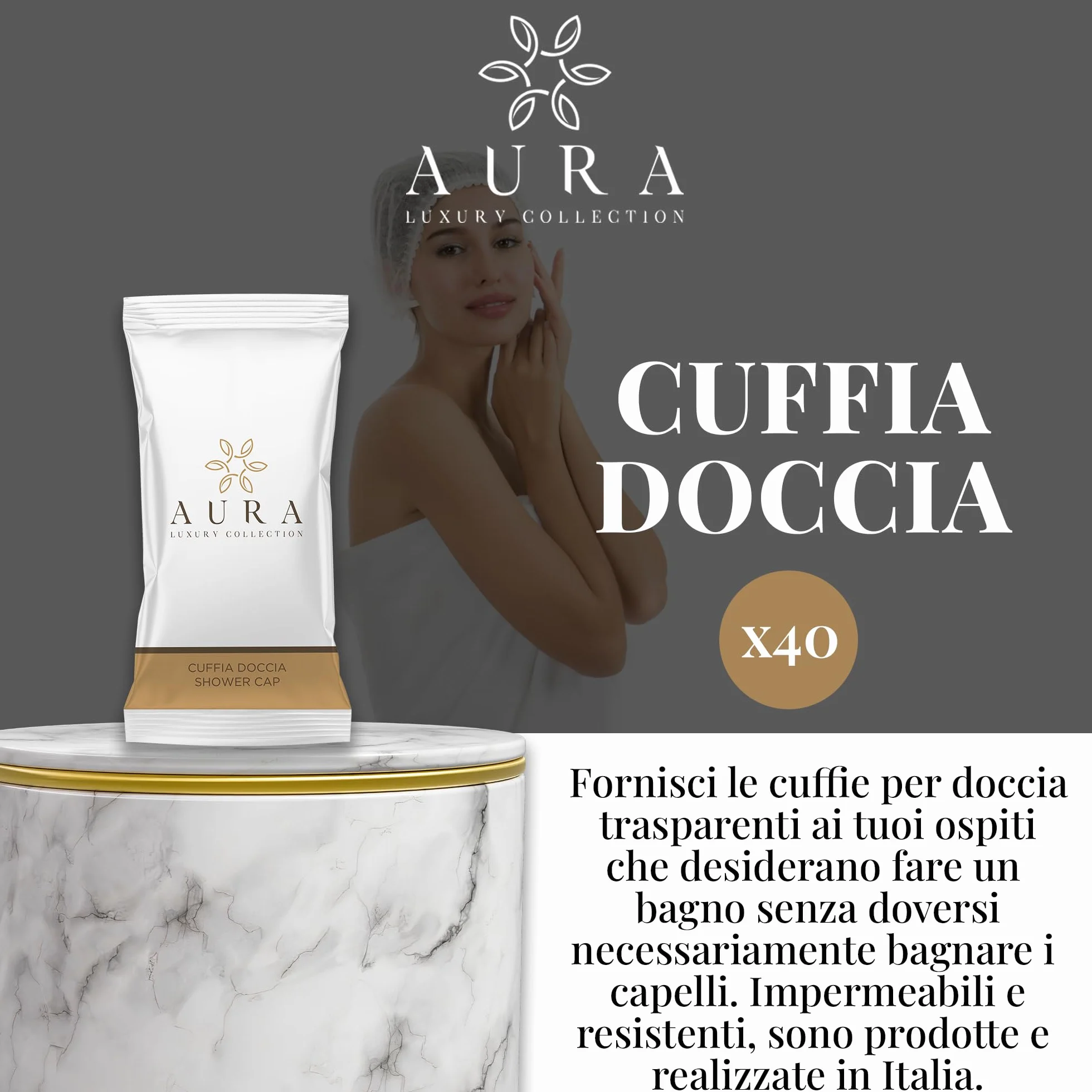 Aura Luxury Collection Kit cortesia bagno 295 pezzi: bustine doccia shampoo 10 ml, flaconi igiene intima 20 ml, cuffie monouso, saponette 9 gr