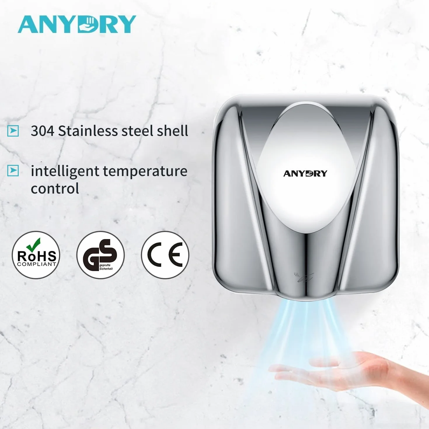 Anydry 2811 Professionale Asciugamani Elettrico Automatico 1650W Acciaio Inox Asciugatura Rapida