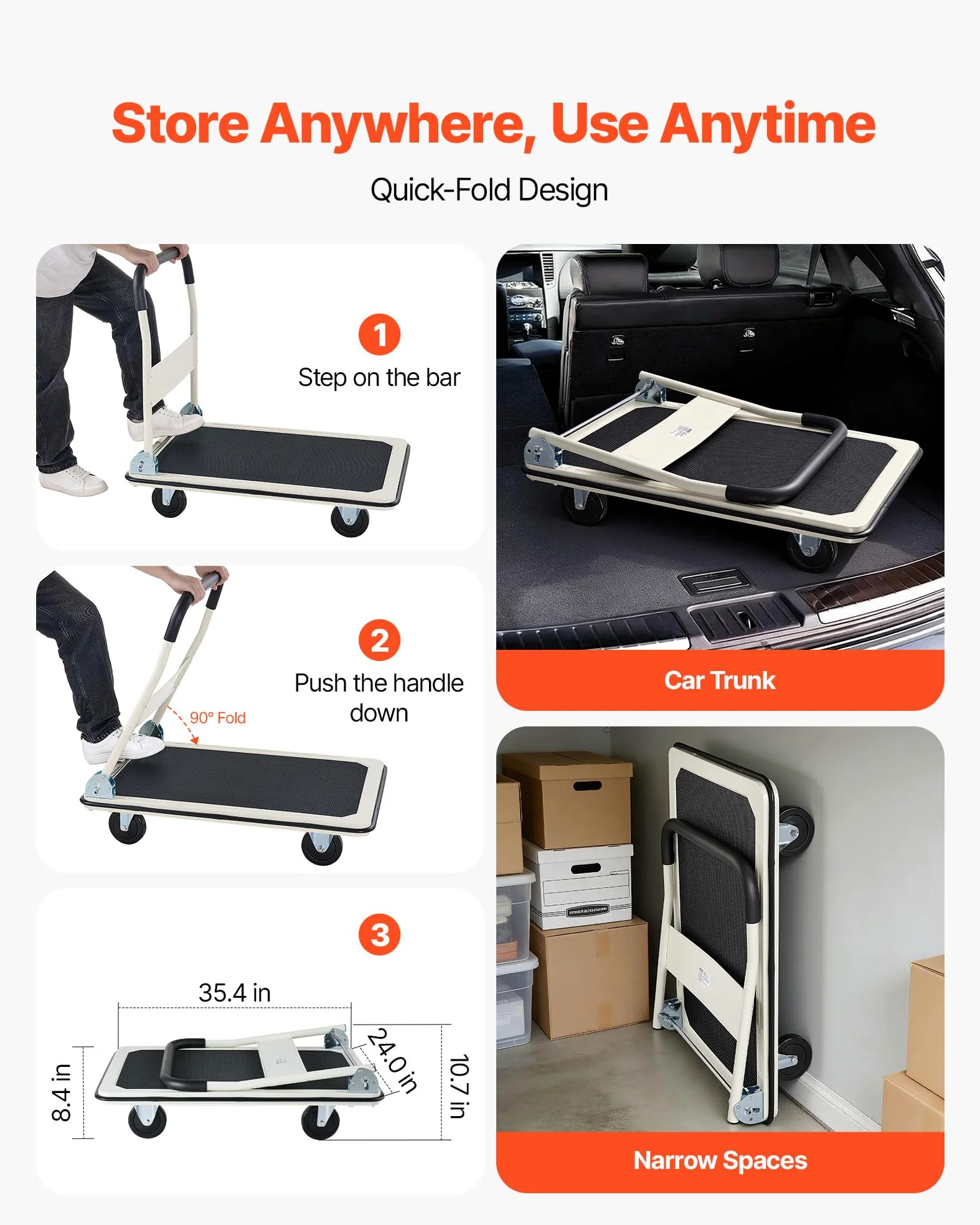 VEVOR Carrello Pieghevole per Trasporto Capacità max. 299,37 kg, Carrello con Piattaforma Pieghevole per Pacchi Merci Traslochi, Maniglia di Spinta, Dimensioni Aperte 900 x 870 x 610 mm