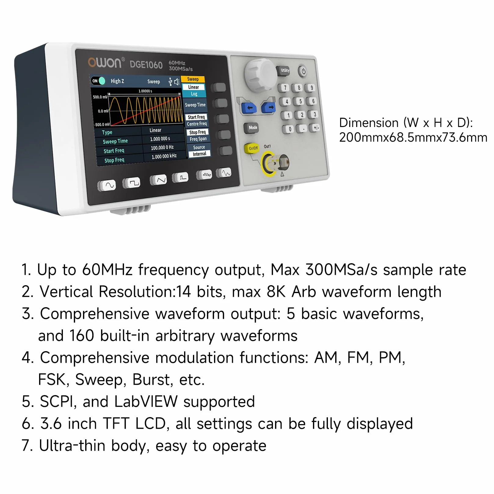OWON DGE1060 Generatore di forma d'onda 60 MHz 300 MSa/s 14 bit 8K