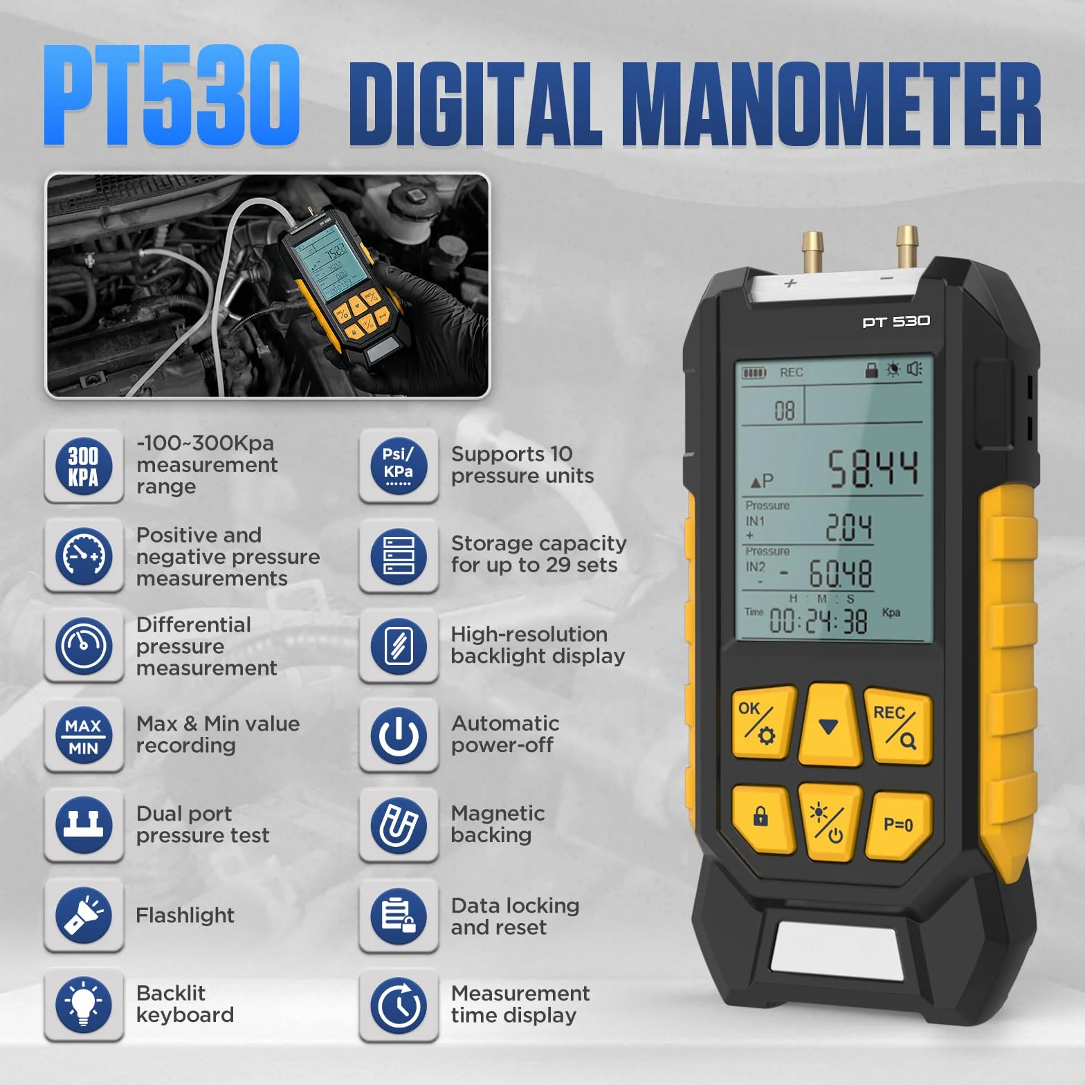 PT530 Manometro digitale per test pressione gas -100-300 Kpa HVAC doppia porta 10 unità 7 adattatori blocco dati