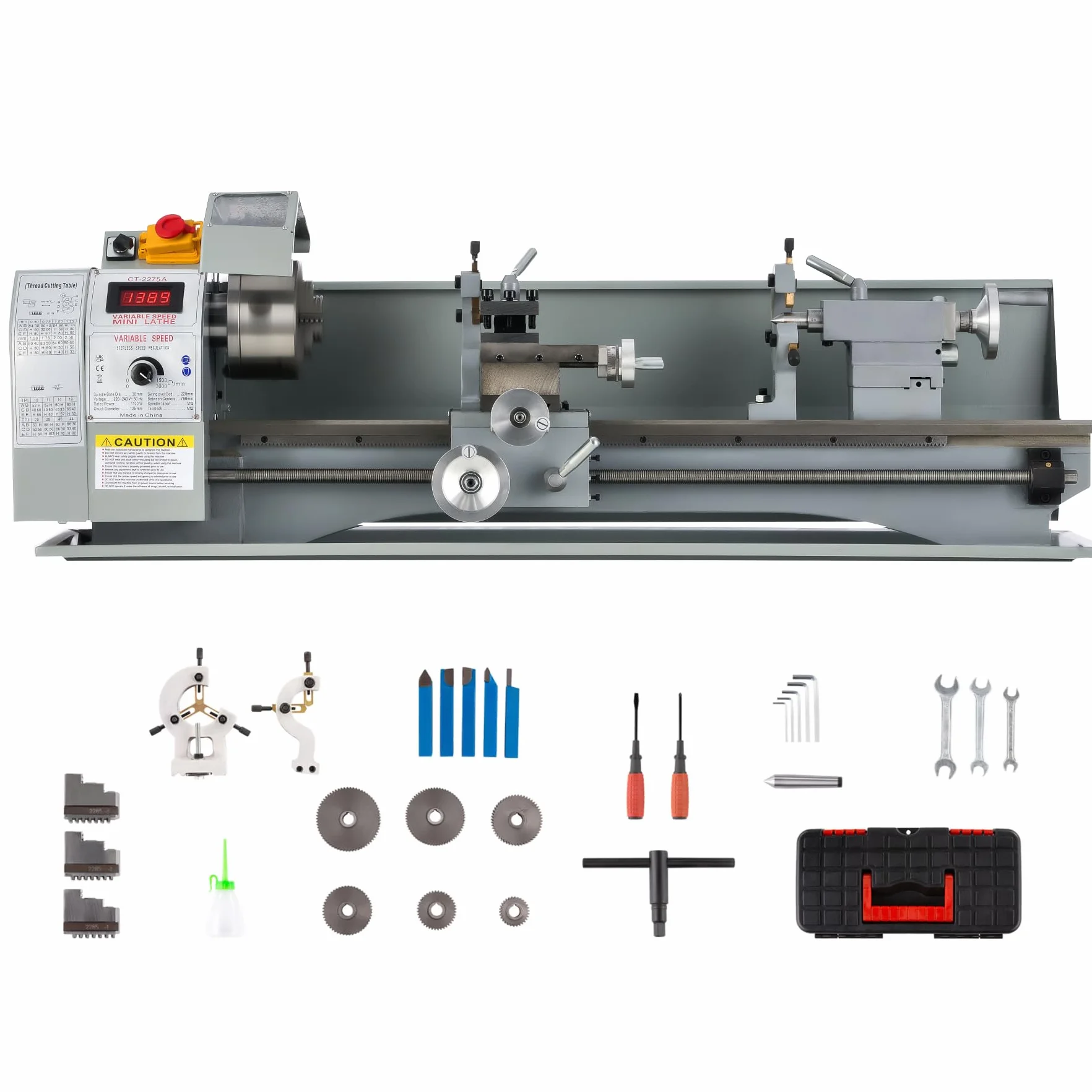 CREWORKS 1100W 220 x 750 MM Mini Tornio in Metallo, 50-2250 RPM Tornio da Banco in Metallo con Mandrino a 3 Ganasce per Fai da Te Lavorazione del Legno e dei Metalli