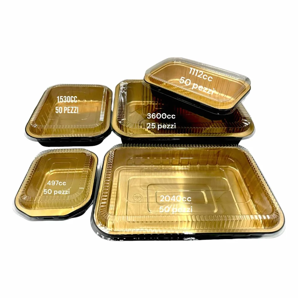 Contenitori Premium in alluminio laccati gold e black con coperchio in pet trasparente 50 pezzi (2040cc)