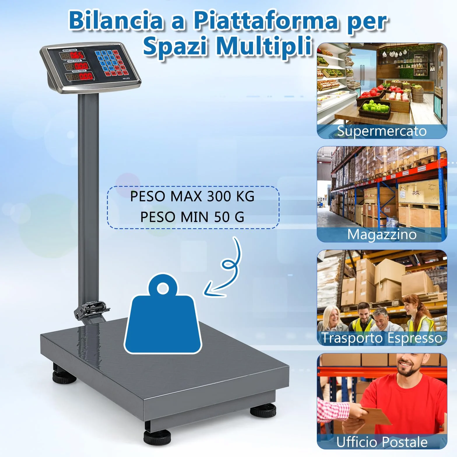 RELAX4IFE Bilancia Digitale Elettronica 300 Kg, Bilancia Professionale per Negozio Azienda Fabbrica (Argento)