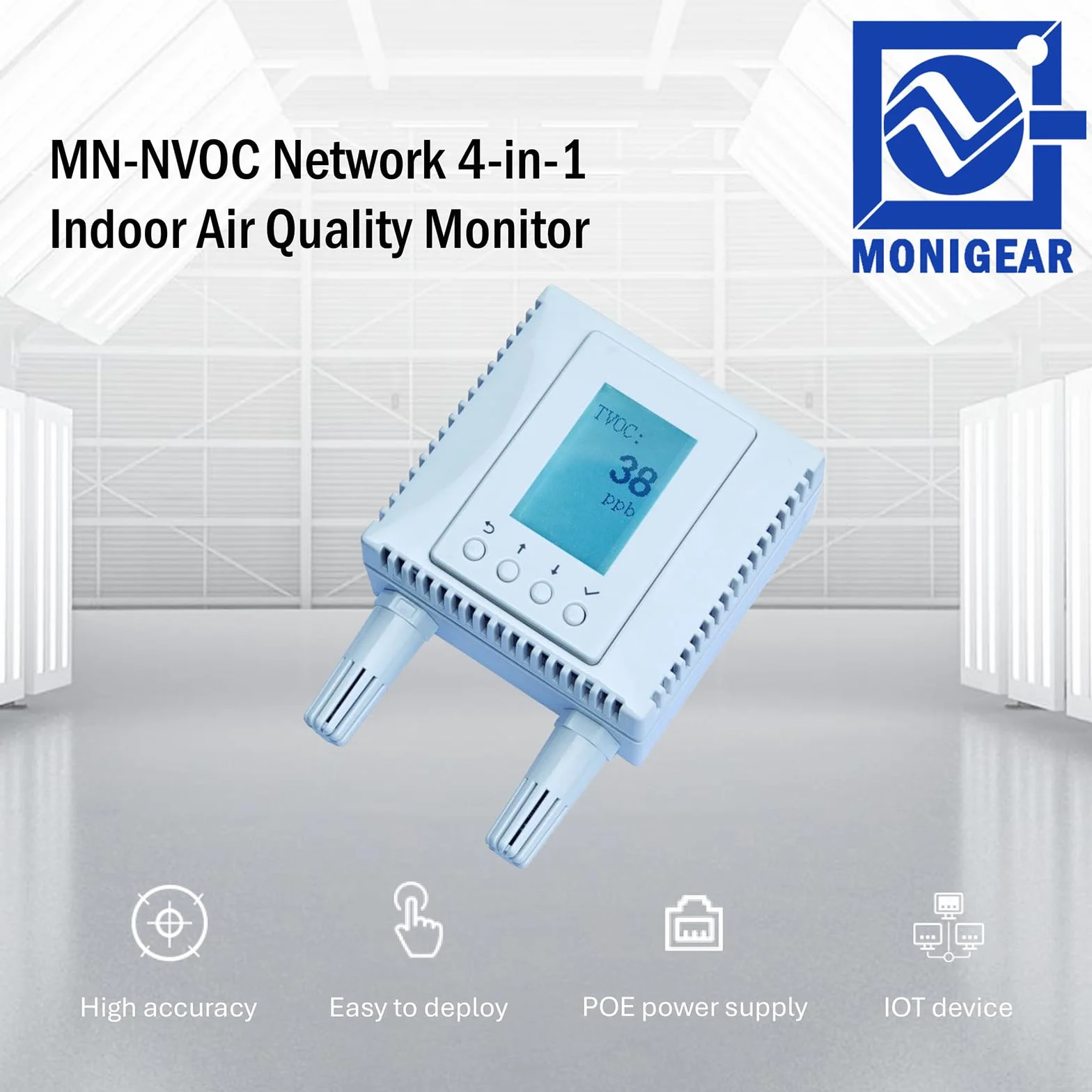 MONIGEAR 4 in 1 CO2 TVOC Temperatura Umidità PoE Monitor Aria Interna Display LCD IoT AWS Azure Tuya MQTT BACnet SNMP Modbus TCP