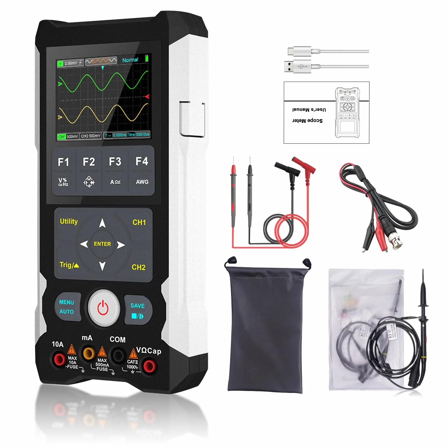 Oscilloscopio digitale + Generatore di segnale + Multimetro 3 in 1: Oscilloscopio digitale portatile, larghezza di banda 80 MHz, 250 MS/s, oscilloscopio a 2 canali 2 in 1, oscilloscopio portatile