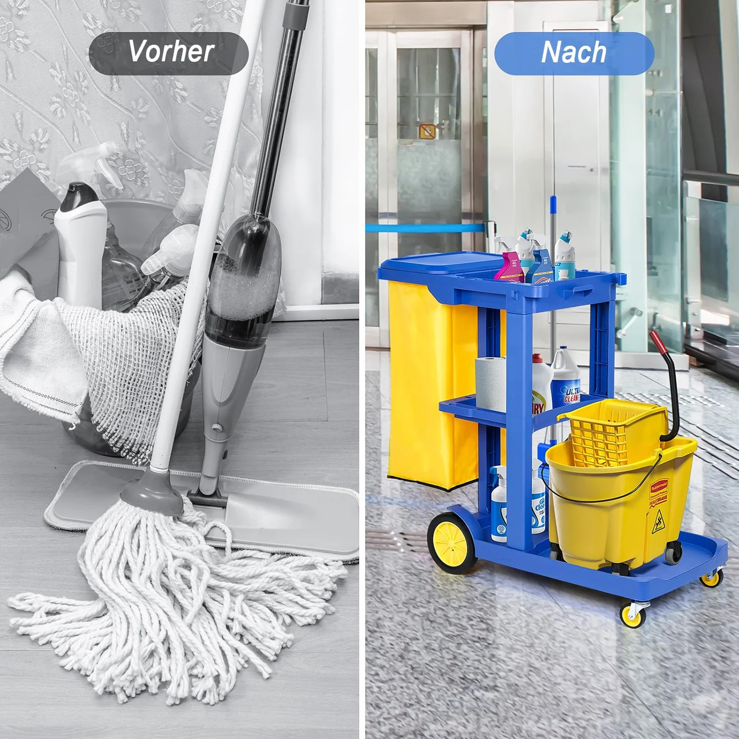 bimiti Carrello per la pulizia 65 l 83 x 46 x 90 cm 3 livelli 4 ruote