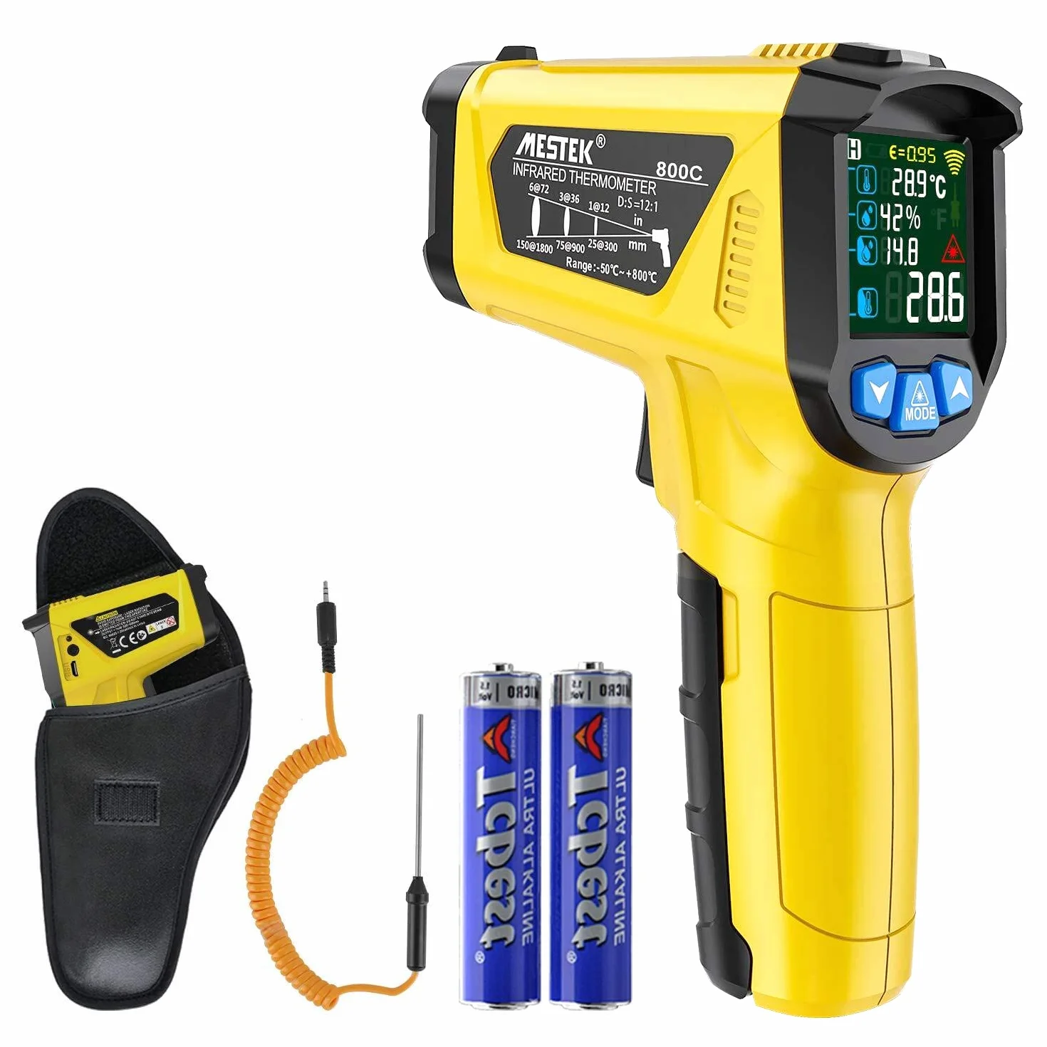 MESTEK Termometro Infrarossi Digitale Professionale -50°C~800°C con Sonda K Schermo LCD Colori Emissività Regolabile