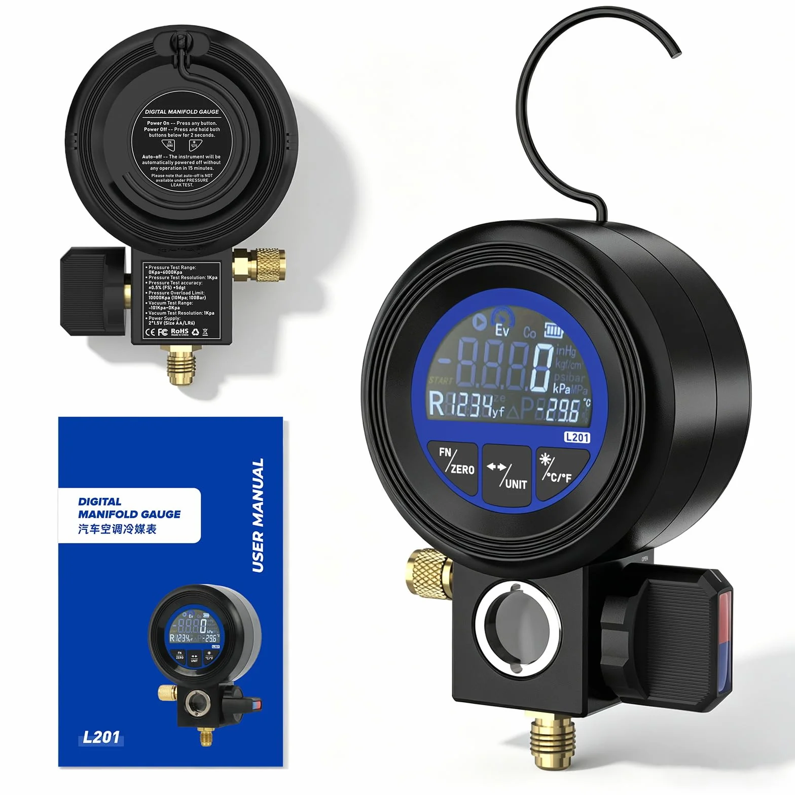 Misuratore digitale refrigerante 3 in 1 test sottovuoto pressione R32 R134A R1234yf manometro precisione ±0,5% FS