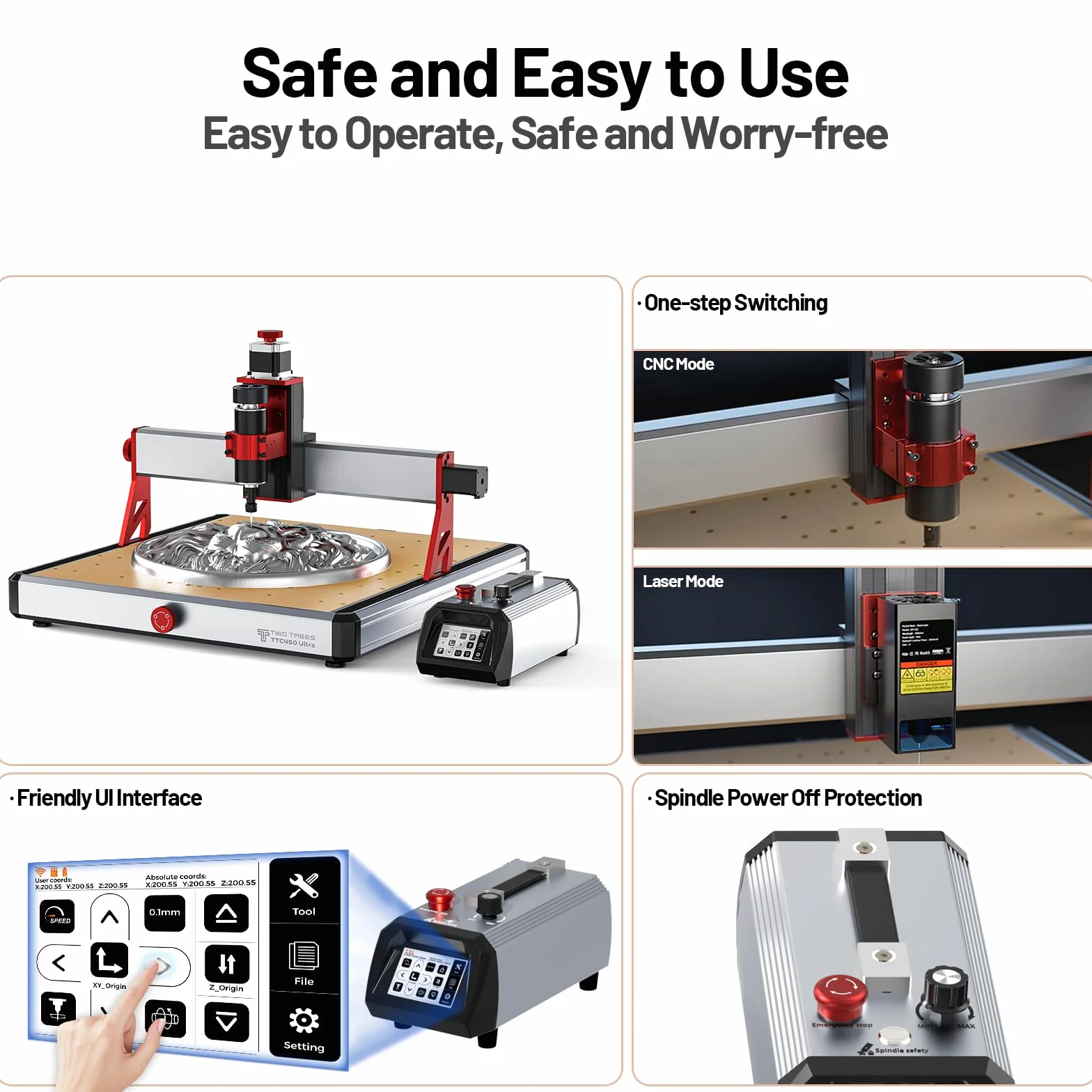 Twotrees TTC450 Ultra 500 W CNC fresatrice commutabile tra CNC e modalità di incisione laser, con controller touch screen da 3,5 pollici, macchina per incisione CNC per metallo, alluminio, legno