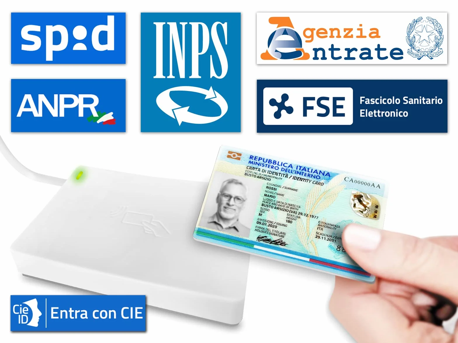 ATLANTIS lettore cie 3.0 carta d'identità elettronica italiana,per INPS,Ag. delle entrate, INAIL,Fascicolo sanitario,ANPR Lettore smartcard contactless nfc per PC, collegamento USB,Bianco,P005-CIED311