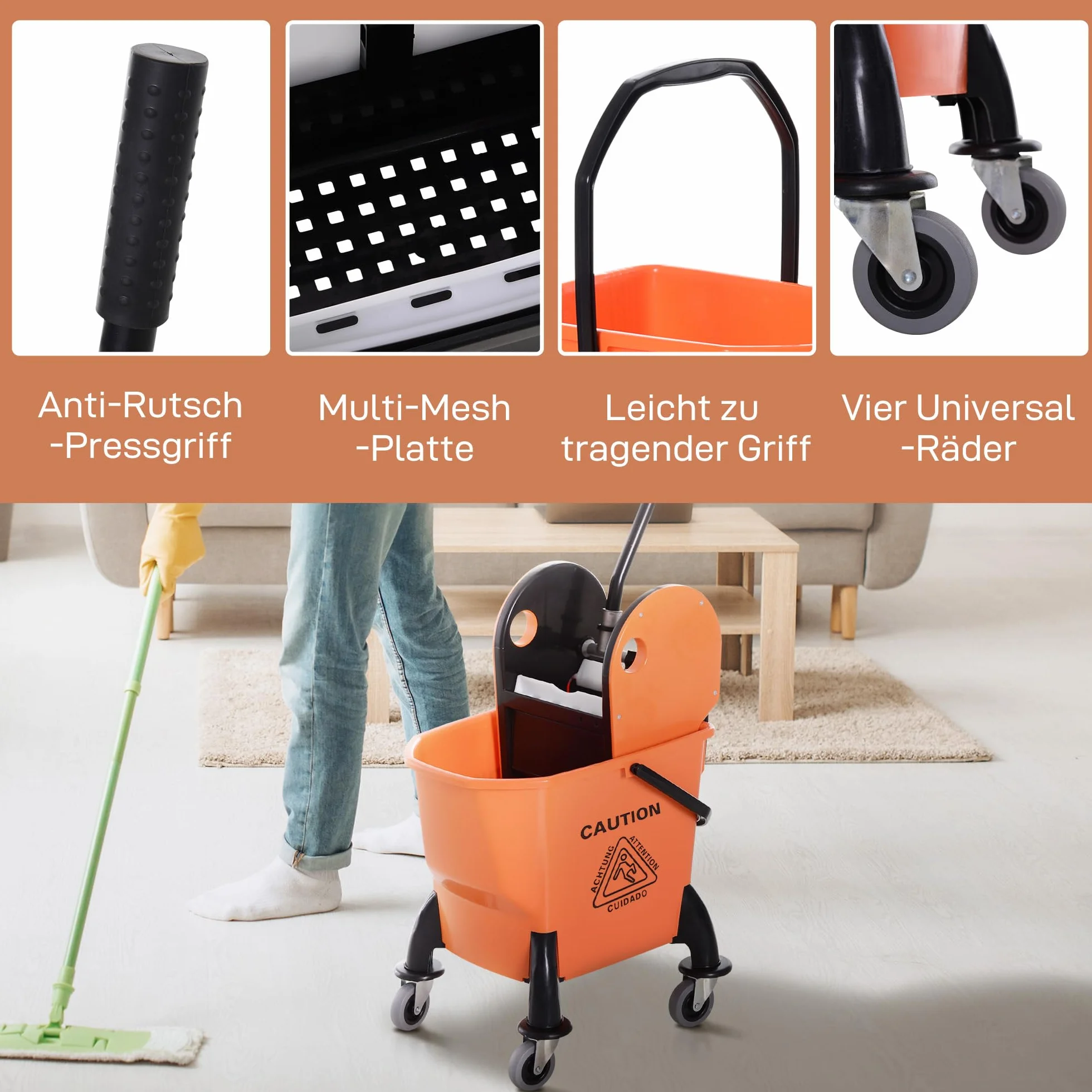 HOMCOM Carrello Pulizie Professionale 26L Strizzatore Rimovibile Ruote 44x36x90cm Arancione