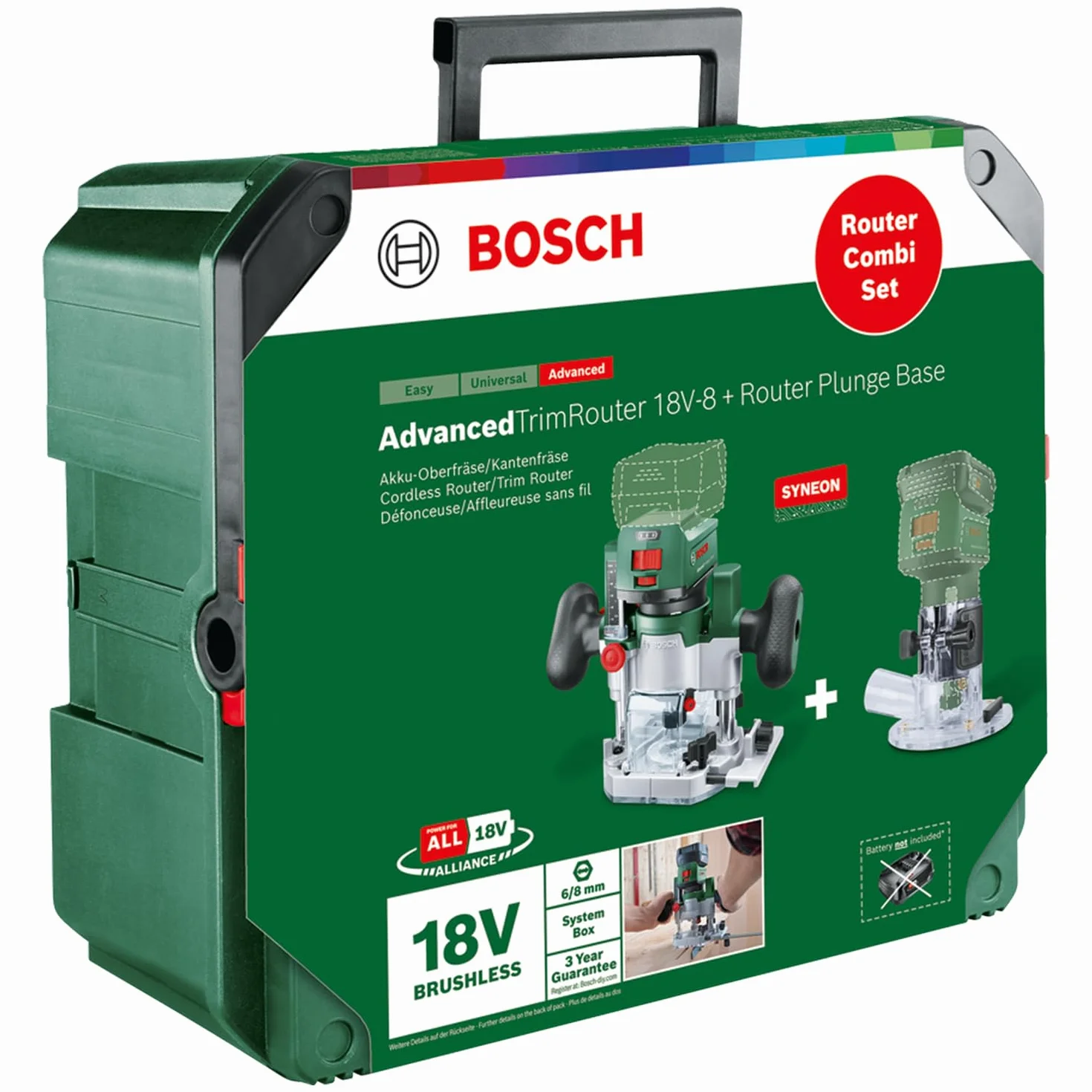 Bosch Rifilatore/fresatrice a immersione batteria 2in1 Set combinato di rifilatore AdvancedTrimRouter 18V-8 (incluse 2 basi di fresatura + accessori; sistema a 18 V; motore brushless; in SystemBox M