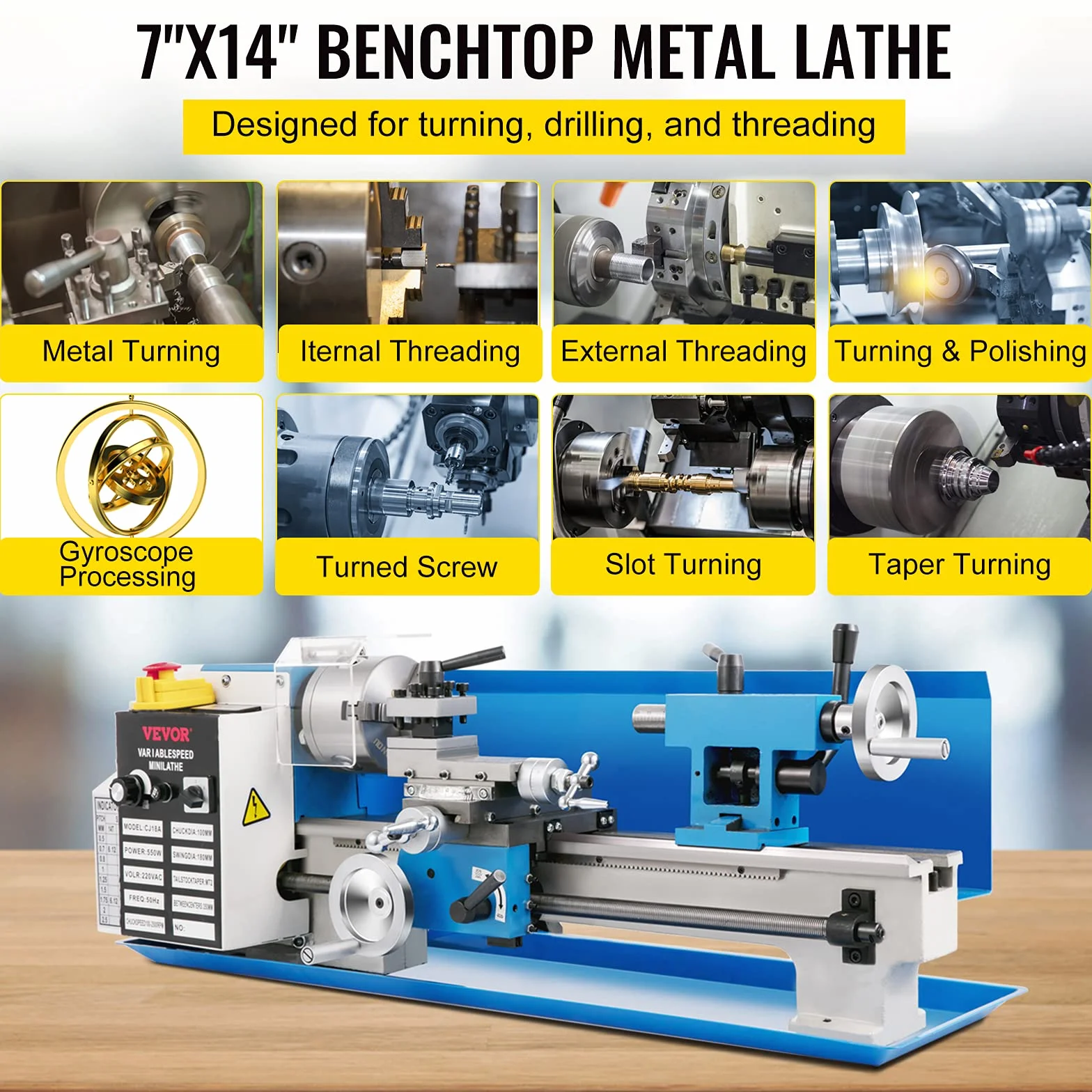VEVOR Mini Tornio da Banco per Metallo Motore 800W in Ghisa HT200 Velocità tra 150-2500 giri/min Variazione Costante, Mini Tornio per Metalli 80 x 34 x 36 cm Cono Mandrino MT5 Diametro Mandrino 100mm
