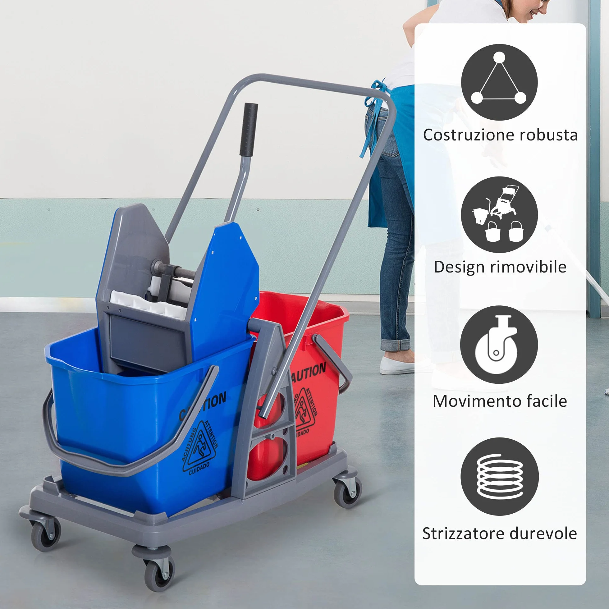 HOMCOM Carrello delle Pulizie 2 Secchi 25L Strizzatore 73×45×92cm