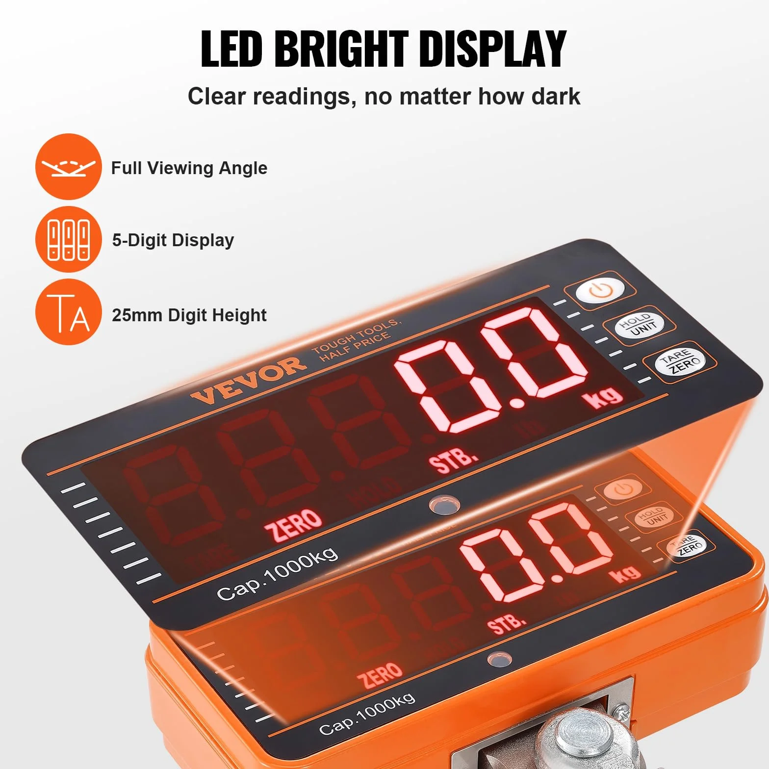 VEVOR Bilancia Industriale da Gru Carico Max. 1000 kg Bilancia Digitale da Gru con Telecomando Alloggiamento in Alluminio Fuso Display a LED ad Alta Precisione, Bilancia Digitale per Carichi Pesanti