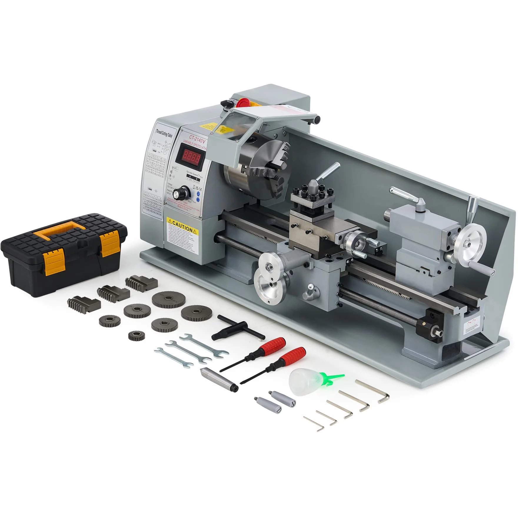 CREWORKS 750W Tornio per Metallo 210 x 400 MM Tornio da Banco per Metalli a Velocità Variabile 50-2500RPM con Mandrino a 3 Griffe LCD Display per Filettatura Tornitura Taglio Foratura