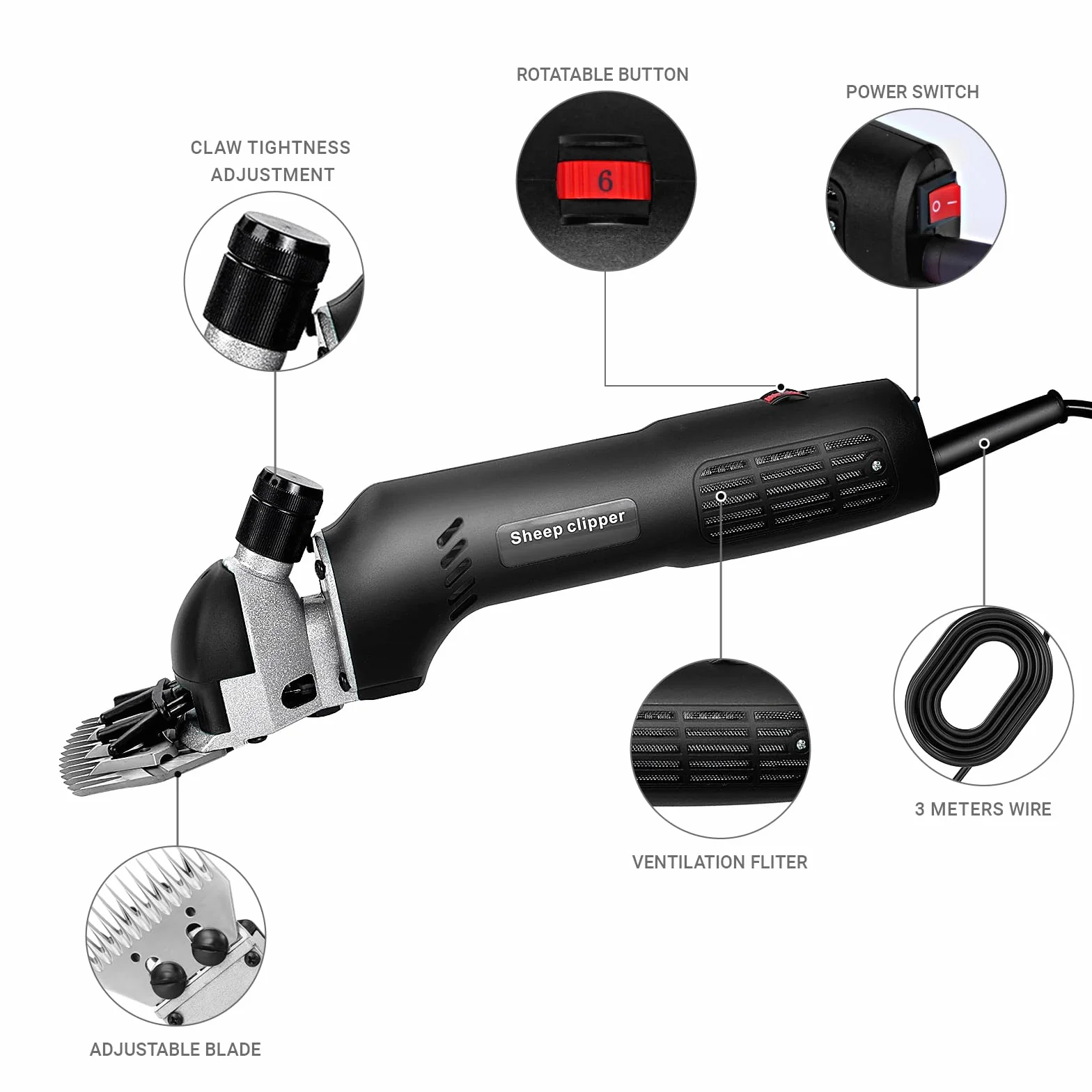 690W Tosatrice per Pecore Elettrica, Macchina tosapecora con 6 Velocità Regolabili, Tosapecore Elettrico, Cesoia elettrica per Pecore Montoni Capre Animali da Fattoria (Nero)