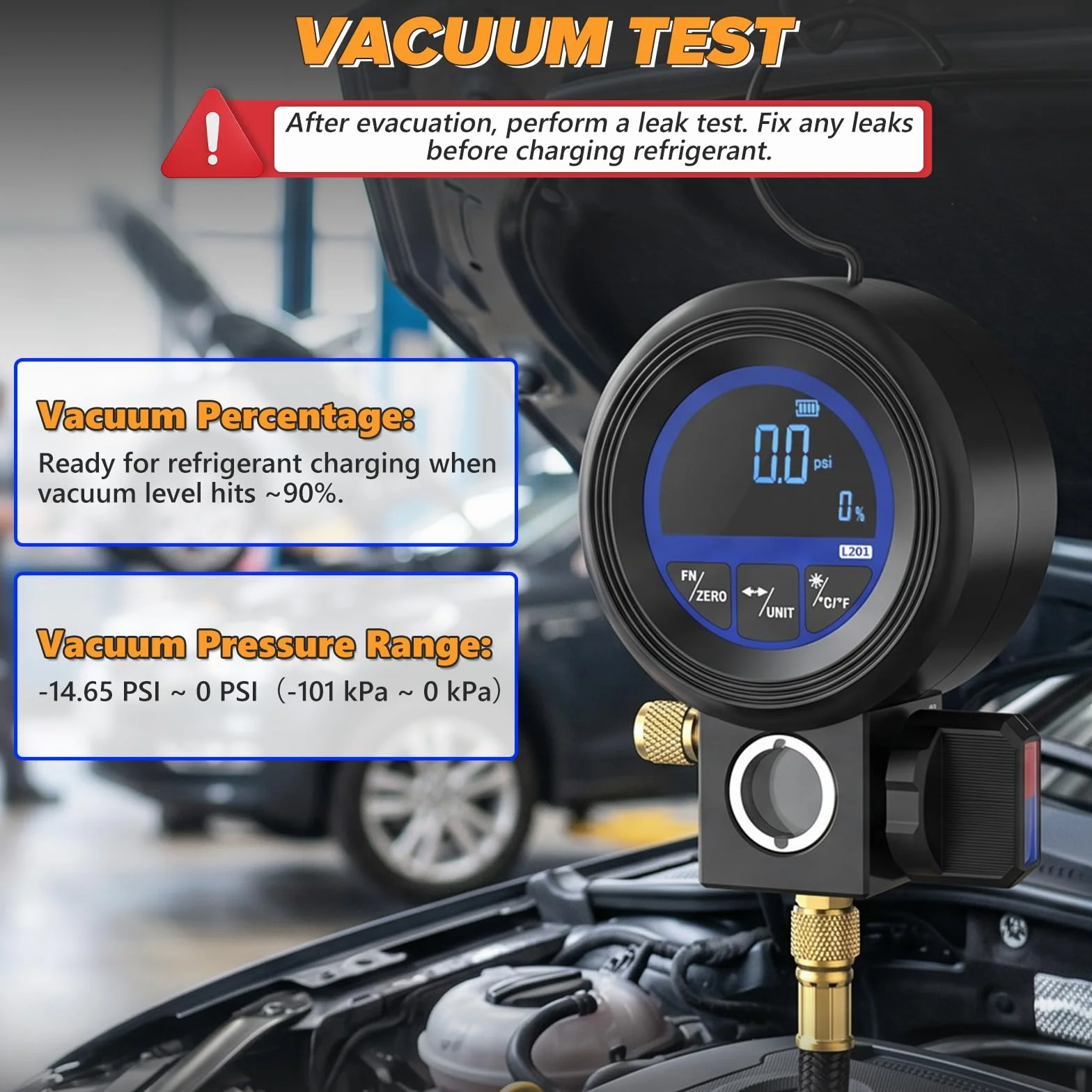 Misuratore digitale refrigerante 3 in 1 test sottovuoto pressione R32 R134A R1234yf manometro precisione ±0,5% FS