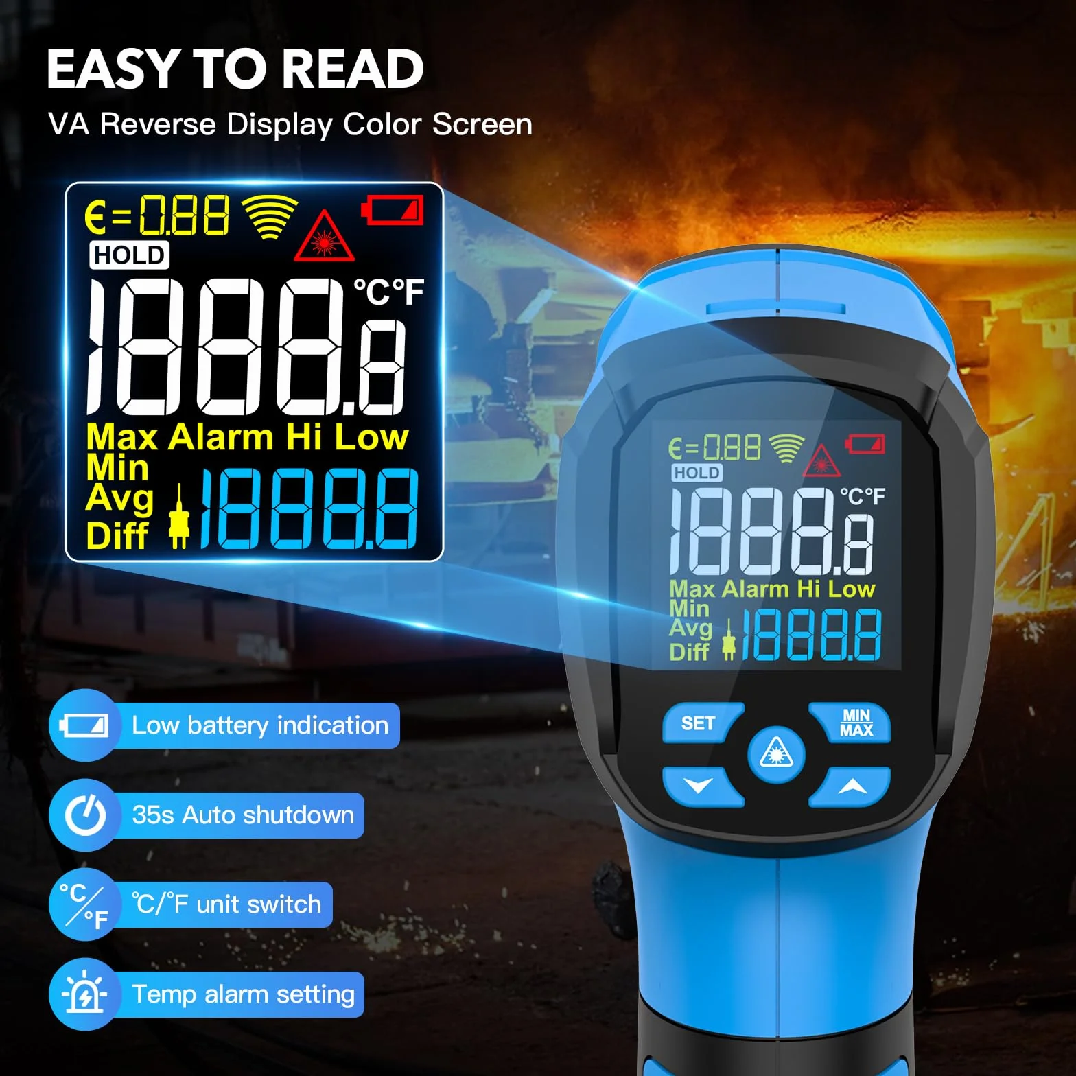 MESTEK Termometro a Infrarossi -40°C~1600°C Digitale Laser Pirometro con K-Probe D:S-50:1