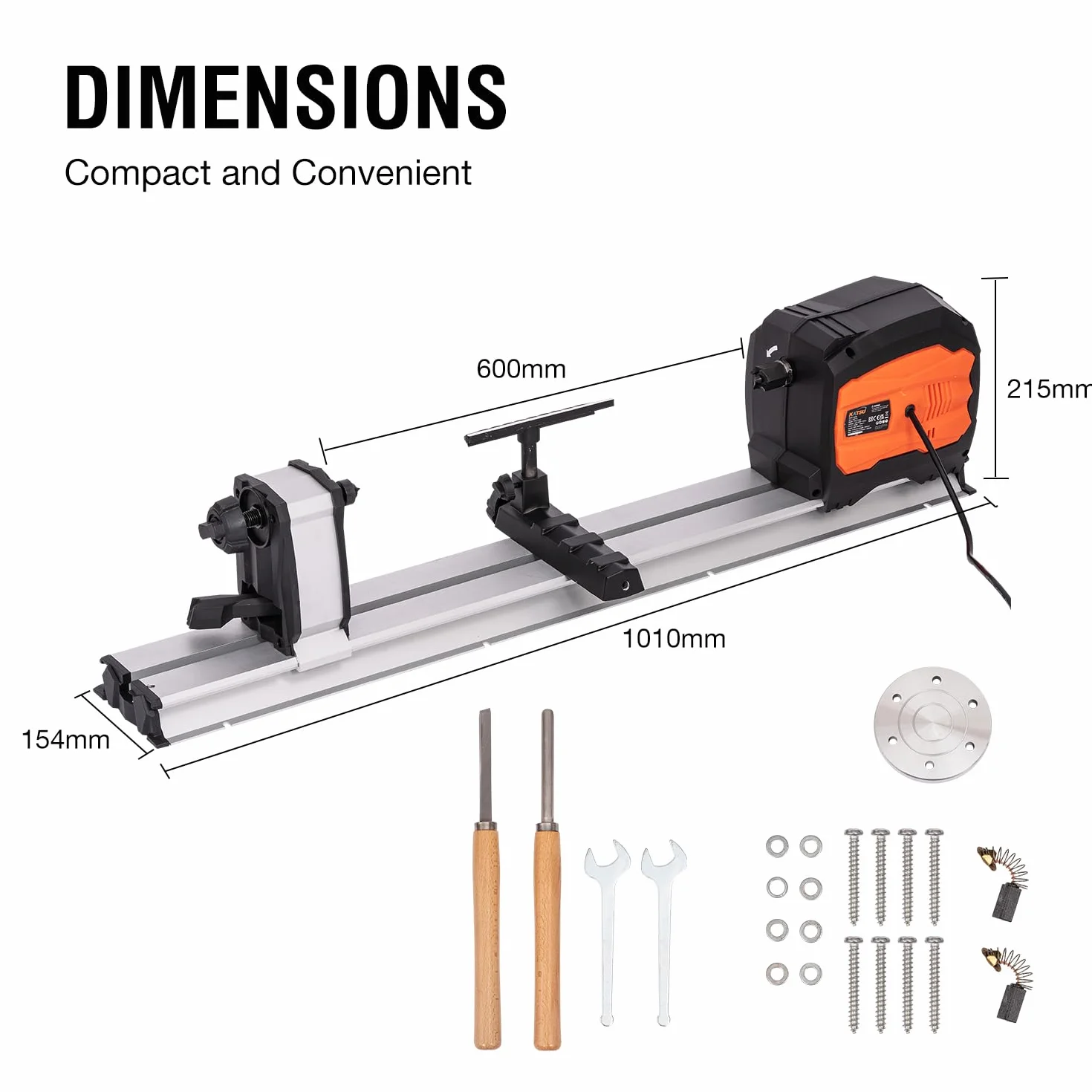 KATSU Mini tornio per legno da banco, 550 W, a velocità variabile, elettrico, lunghezza massima del pezzo da lavorare 600 mm, per progetti fai da te di lavorazione del legno