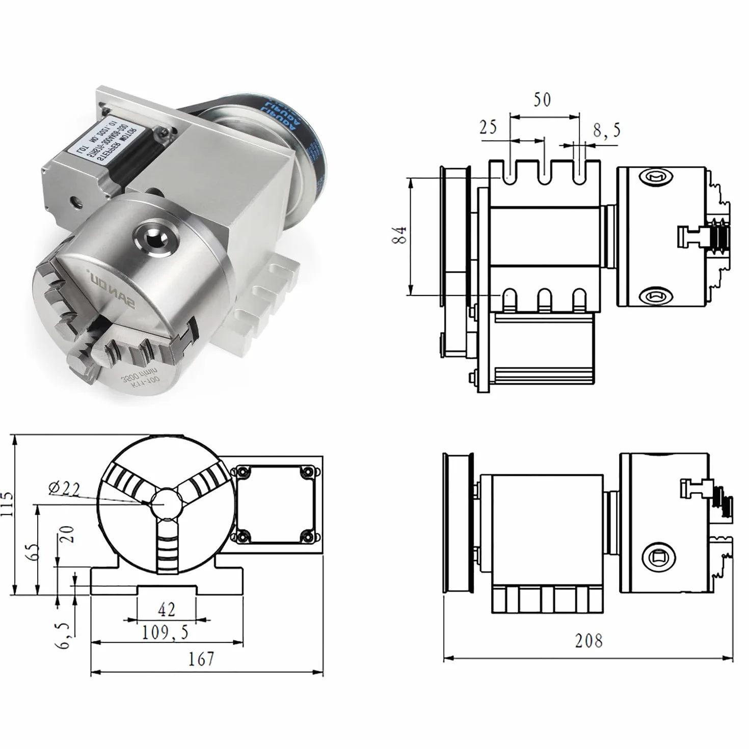 RATTMMOTOR Asse rotante CNC, asse rotante 4th Axis K11-100mm con albero cavo a 3 morsetti con rapporto di trasmissione 6:1 e mandrino da 65mm per tornio CNC, fresatrice